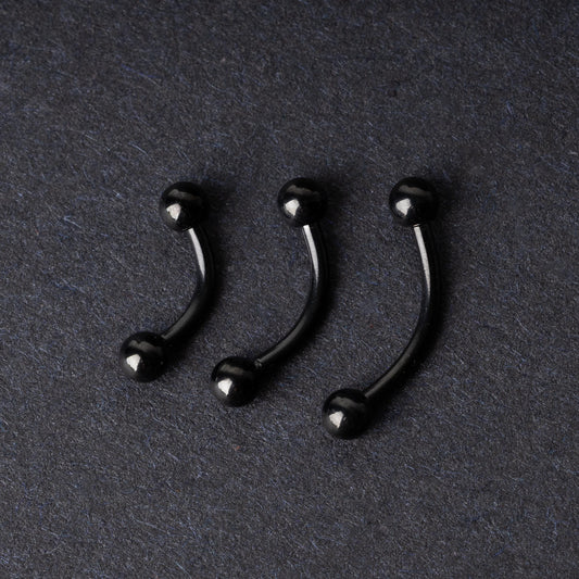 Three black curved barbells with threaded balls on each end, displayed on a dark background with a polished finish.