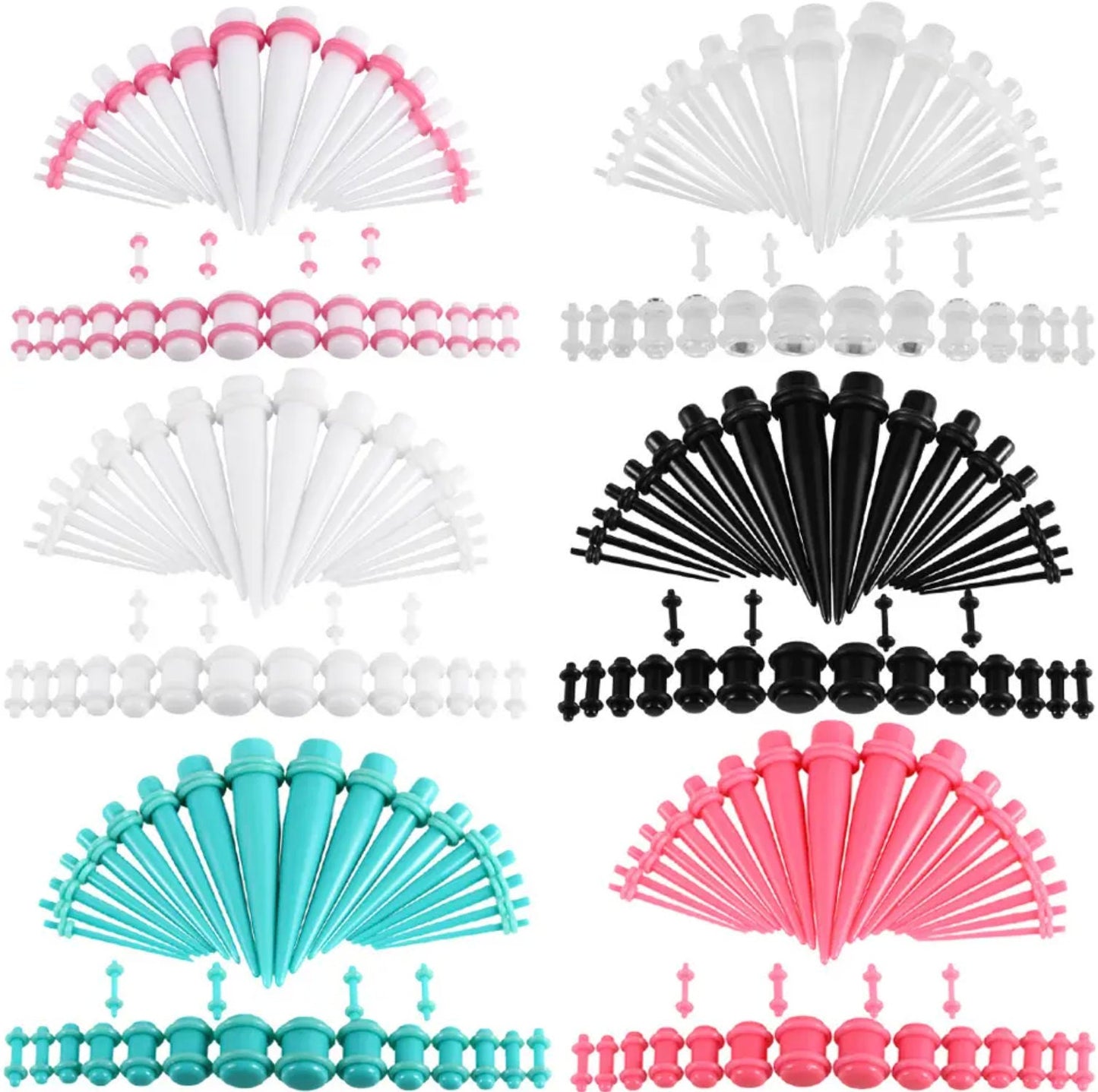 Various colour ear stretching kits displayed on a white background.