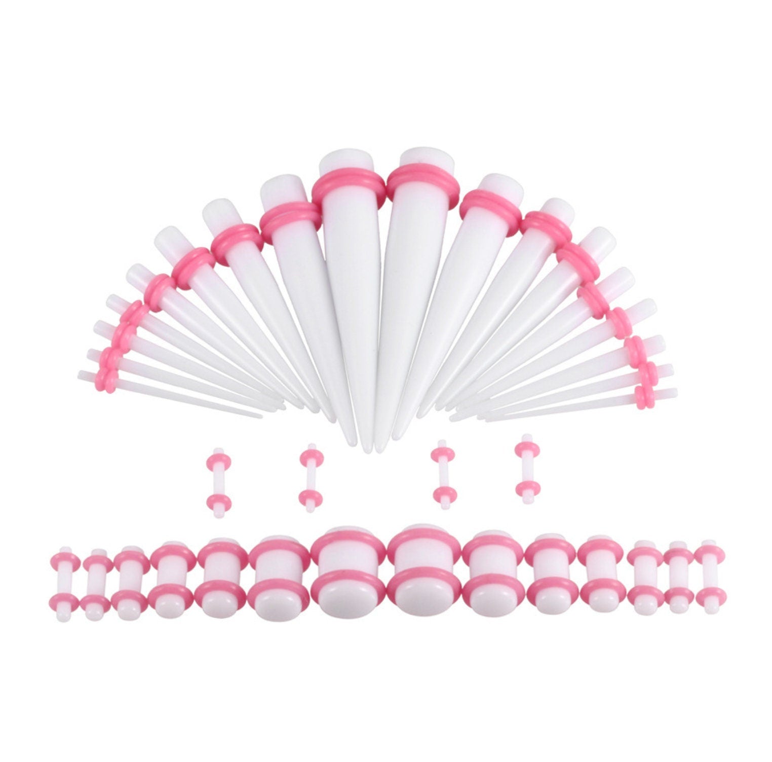 A white and pink ear stretching kit featuring a complete set of tapers and plugs in various sizes, displayed on a white background.