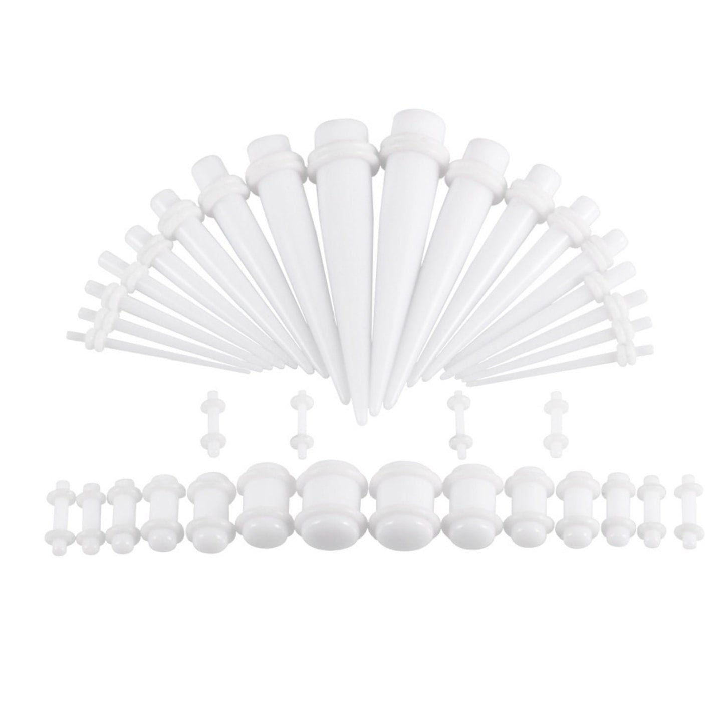 A white ear stretching kit featuring a complete set of tapers and plugs in various sizes, displayed on a white background.