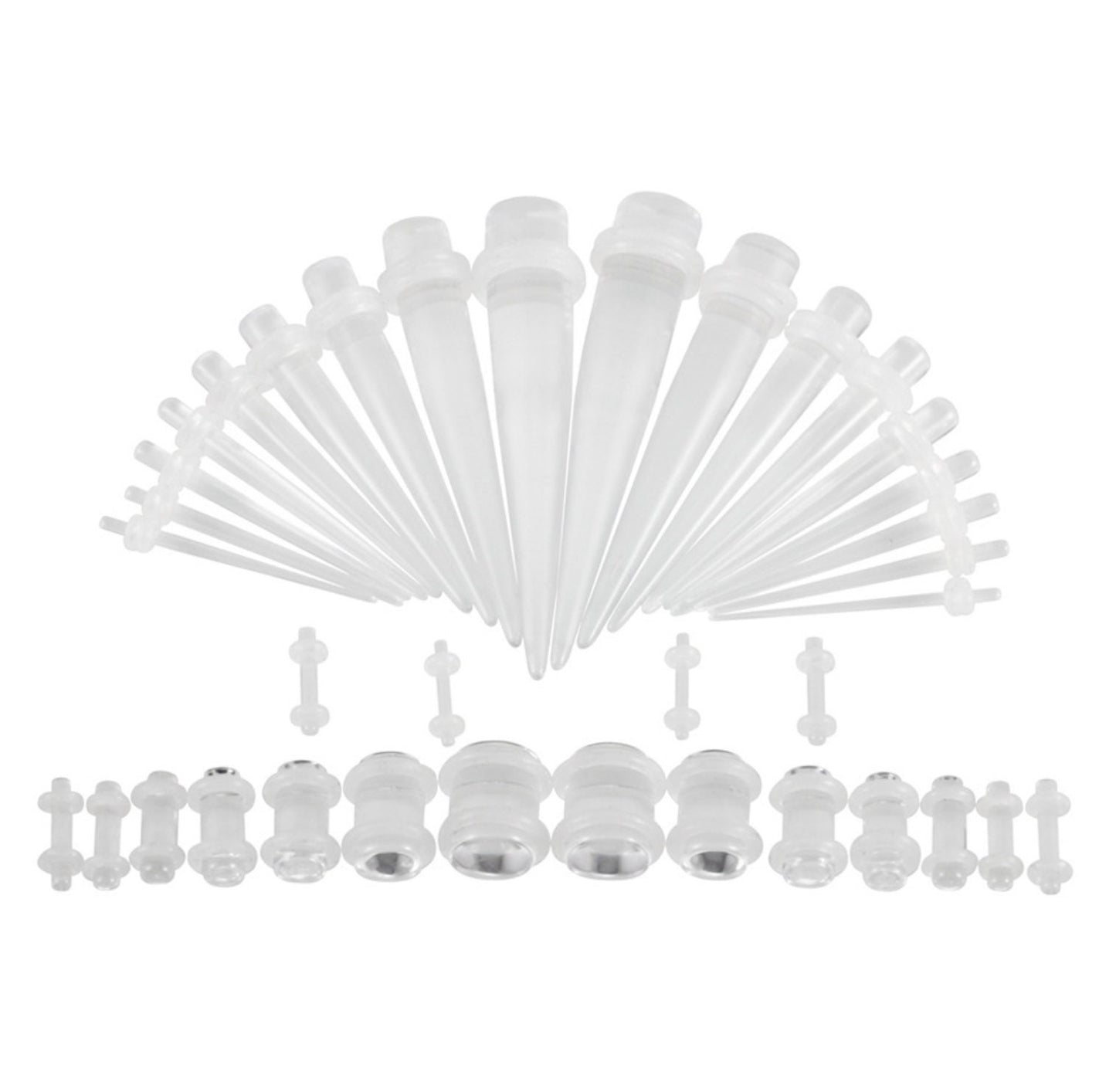 A white ear stretching kit featuring a complete set of tapers and plugs in various sizes, displayed on a white background.