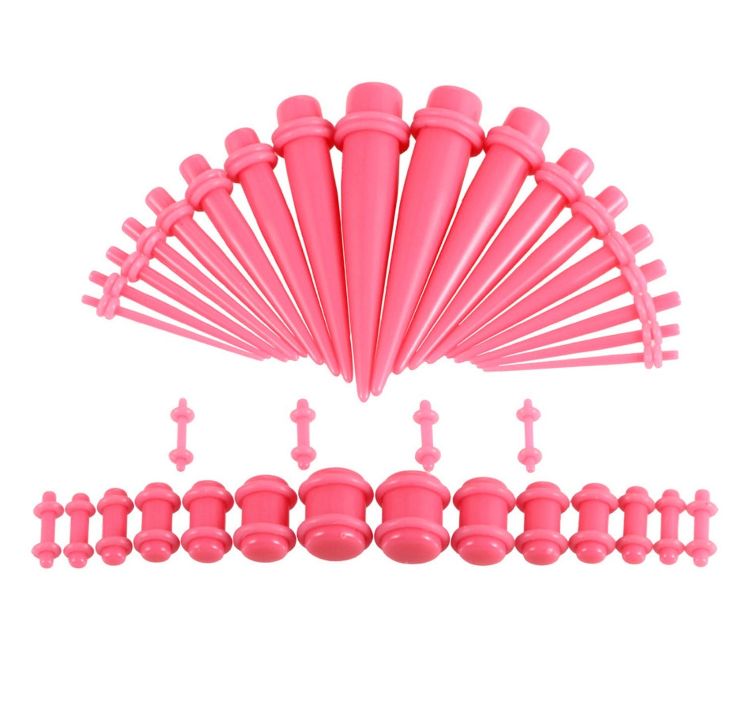 A pink ear stretching kit featuring a complete set of tapers and plugs in various sizes, displayed on a white background.