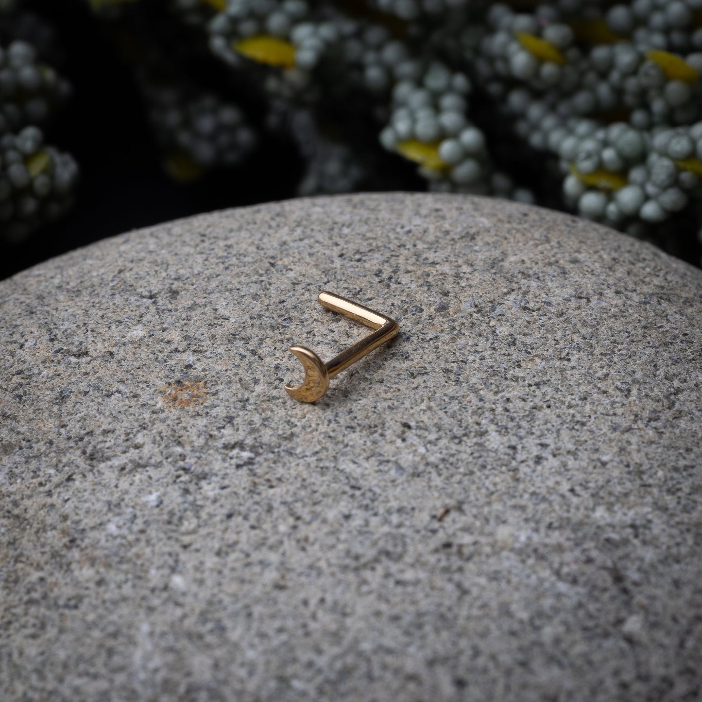 A gold-tone crescent moon nose stud with a curved design for secure and comfortable wear, displayed on a stone background.