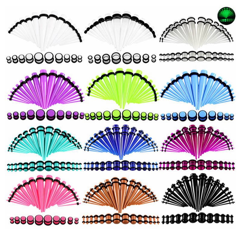 All Colours - Ear Stretching Kit 14G-00G 1.6mm-10mm 36 pc Gauges Lightweight Expander Set Acrylic Tapers Plugs Tunnels Piercing Starter