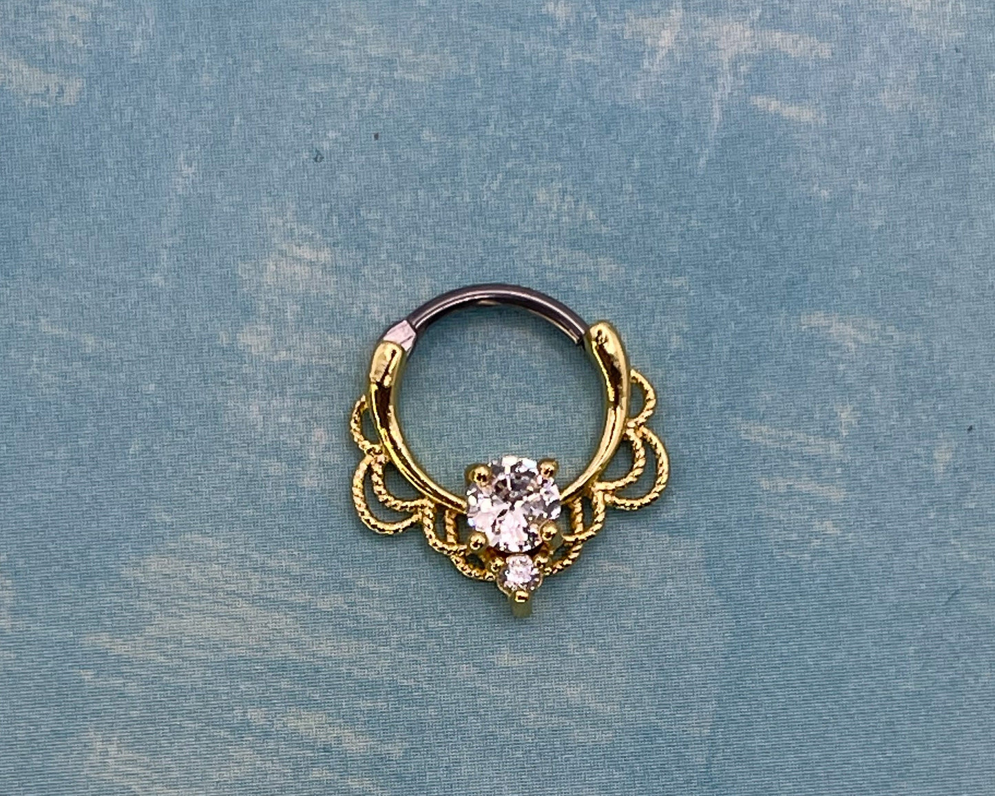 Jewelled Ornate Septum Ring in Gold, Silver, Rose Gold and Black - Titanium Clicker 16 Gauge 1.2mm Hinged Segment - Nose - Conch - Ear