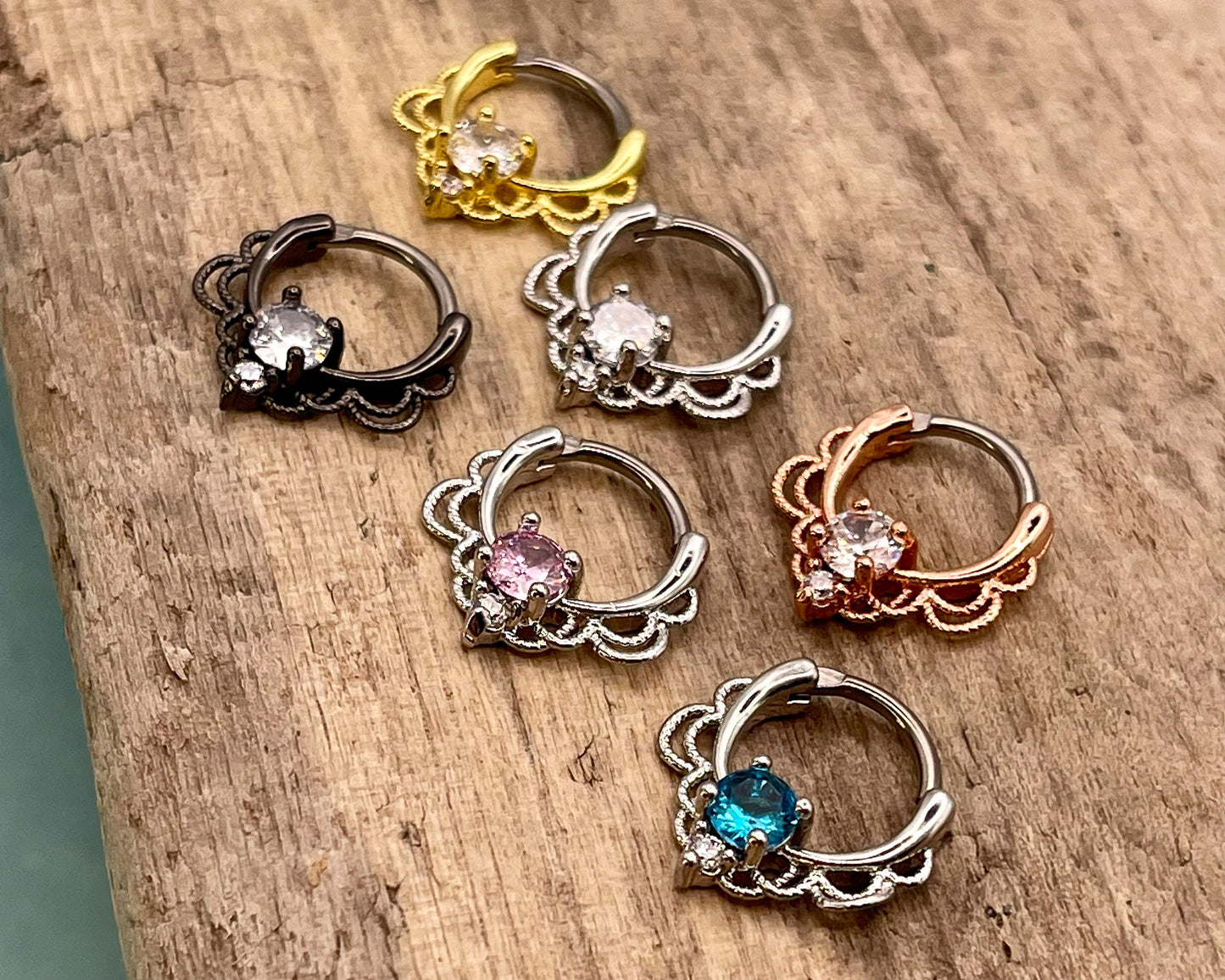 Jewelled Ornate Septum Ring in Gold, Silver, Rose Gold and Black - Titanium Clicker 16 Gauge 1.2mm Hinged Segment - Nose - Conch - Ear