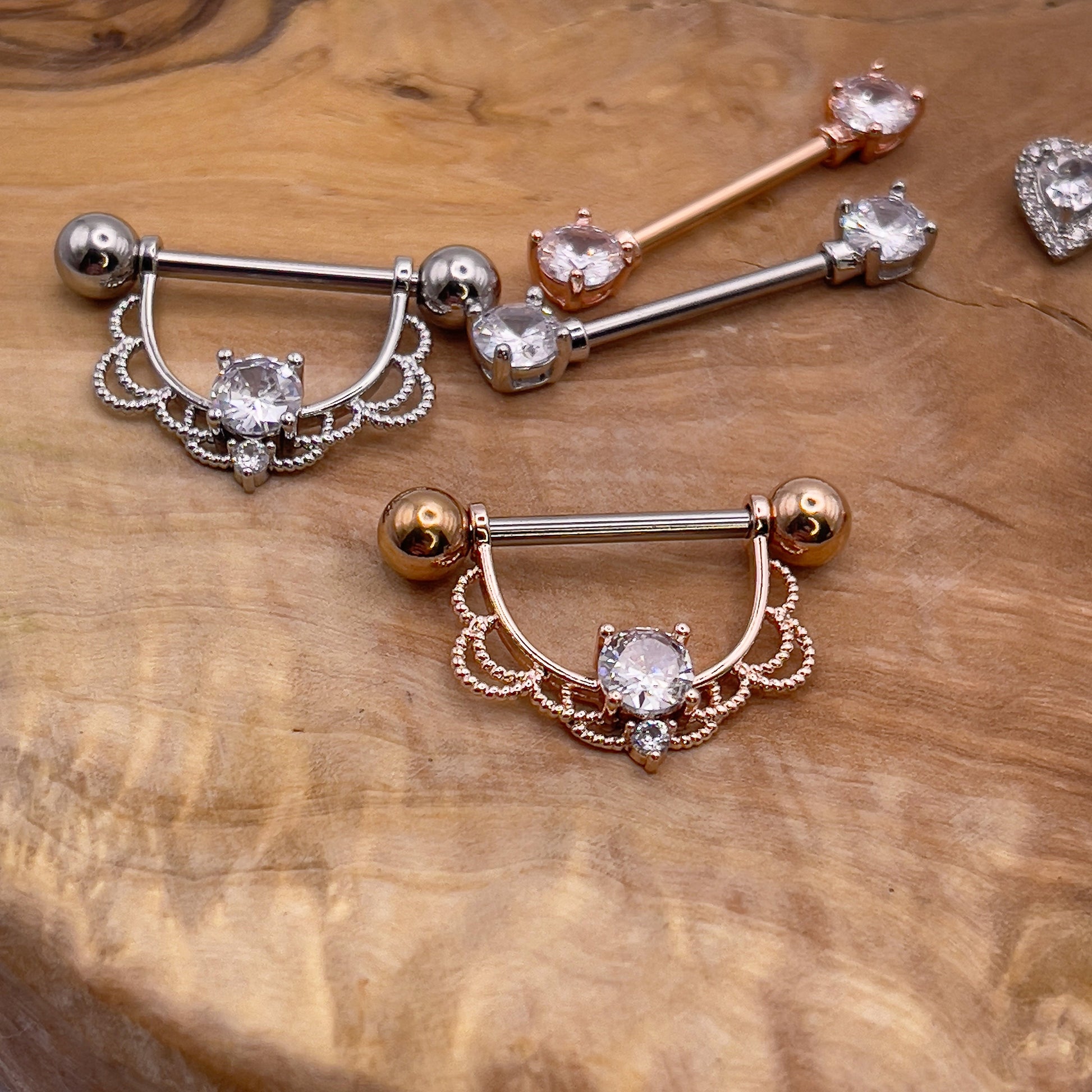 Stunning jewelled heart shaped nipple bars in rose gold and silver 316L steel Heart Nipple Jewelry Nipple Piercing Heart Nipple Barbell