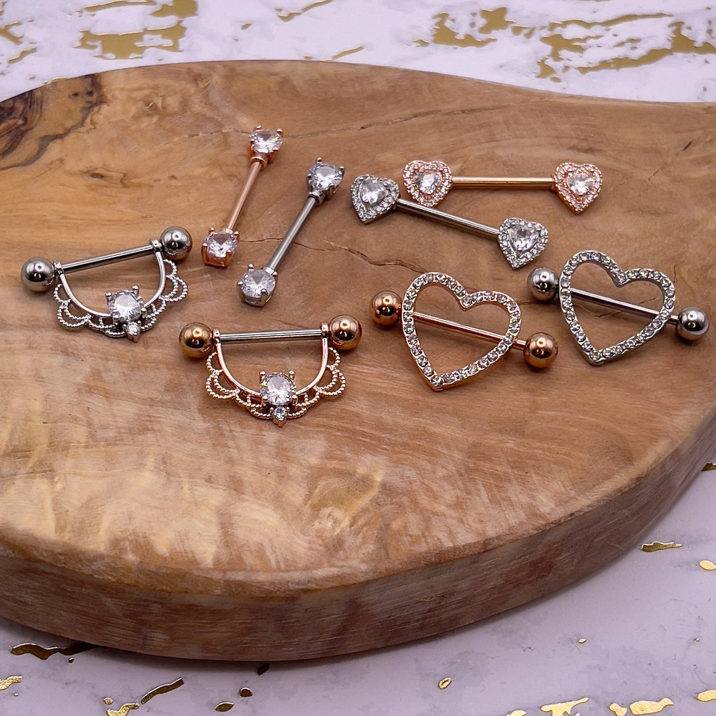 Stunning jewelled heart shaped nipple bars in rose gold and silver 316L steel Heart Nipple Jewelry Nipple Piercing Heart Nipple Barbell