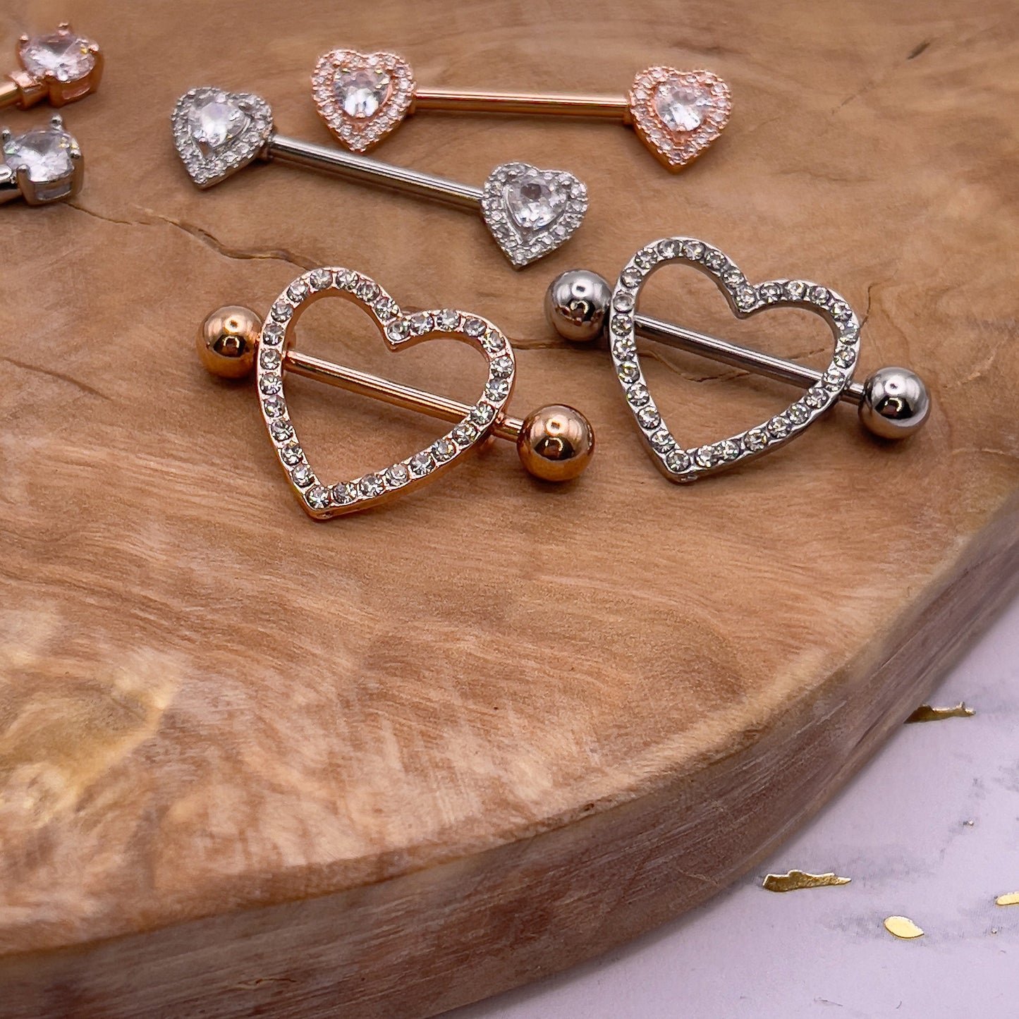 Stunning jewelled heart shaped nipple bars in rose gold and silver 316L steel Heart Nipple Jewelry Nipple Piercing Heart Nipple Barbell