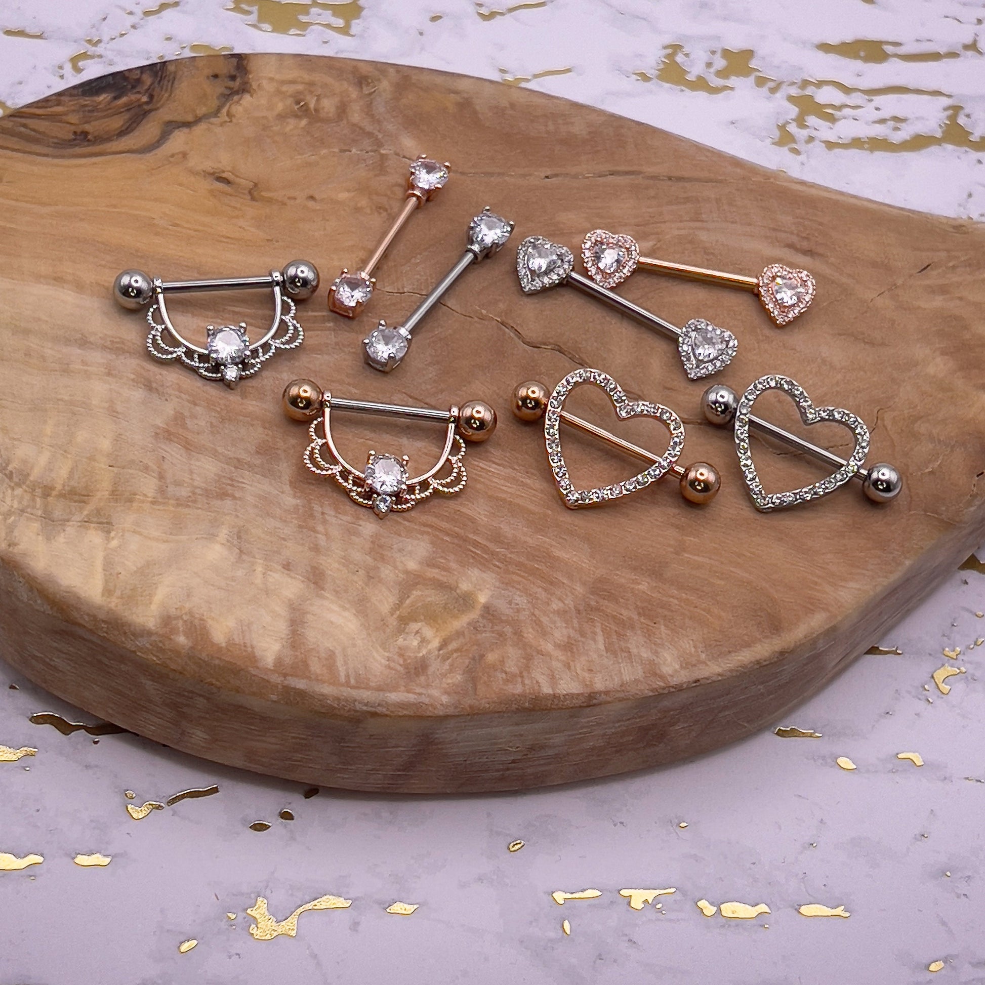 Stunning jewelled heart shaped nipple bars in rose gold and silver 316L steel Heart Nipple Jewelry Nipple Piercing Heart Nipple Barbell