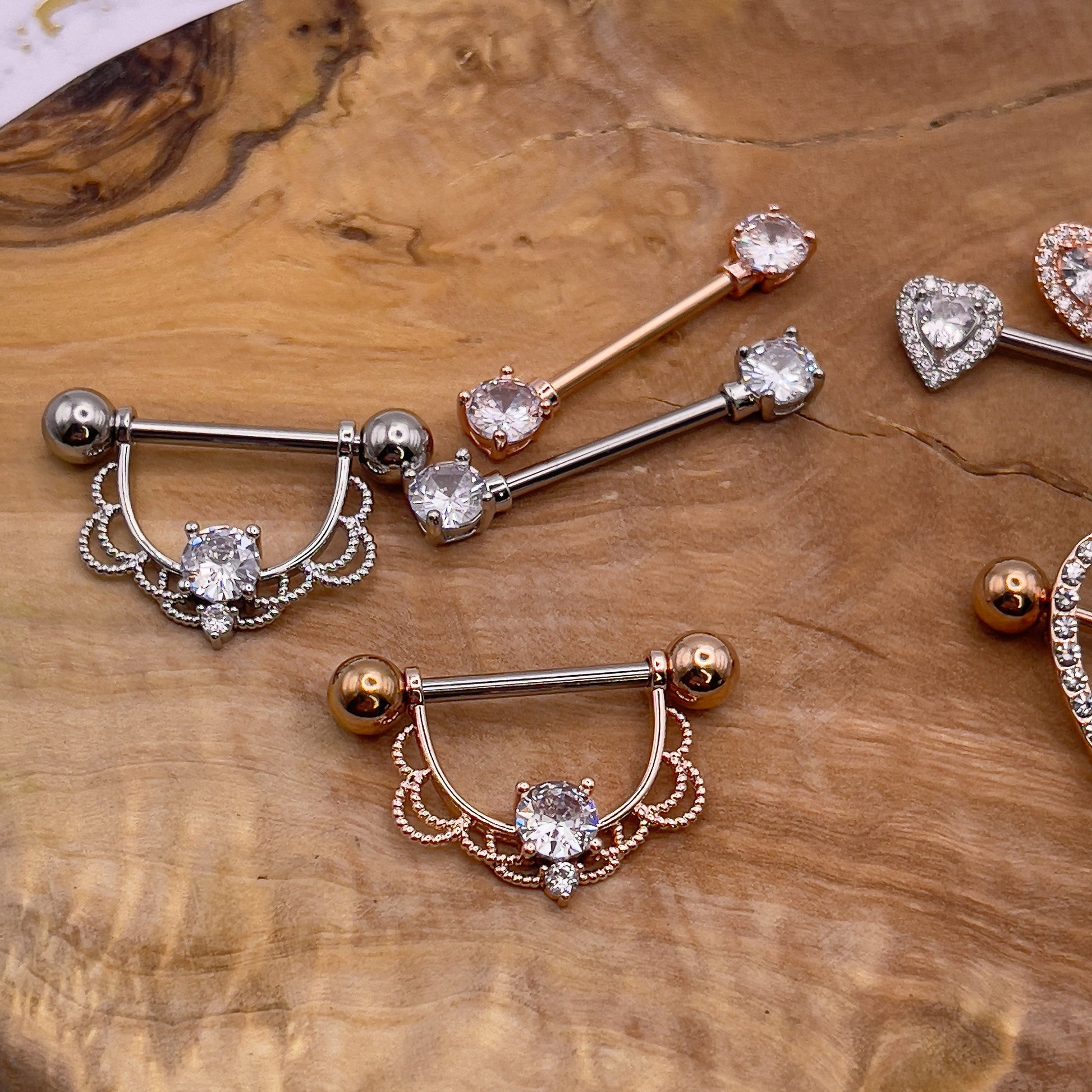 Stunning jewelled heart shaped nipple bars in rose gold and silver 316L steel Heart Nipple Jewelry Nipple Piercing Heart Nipple Barbell