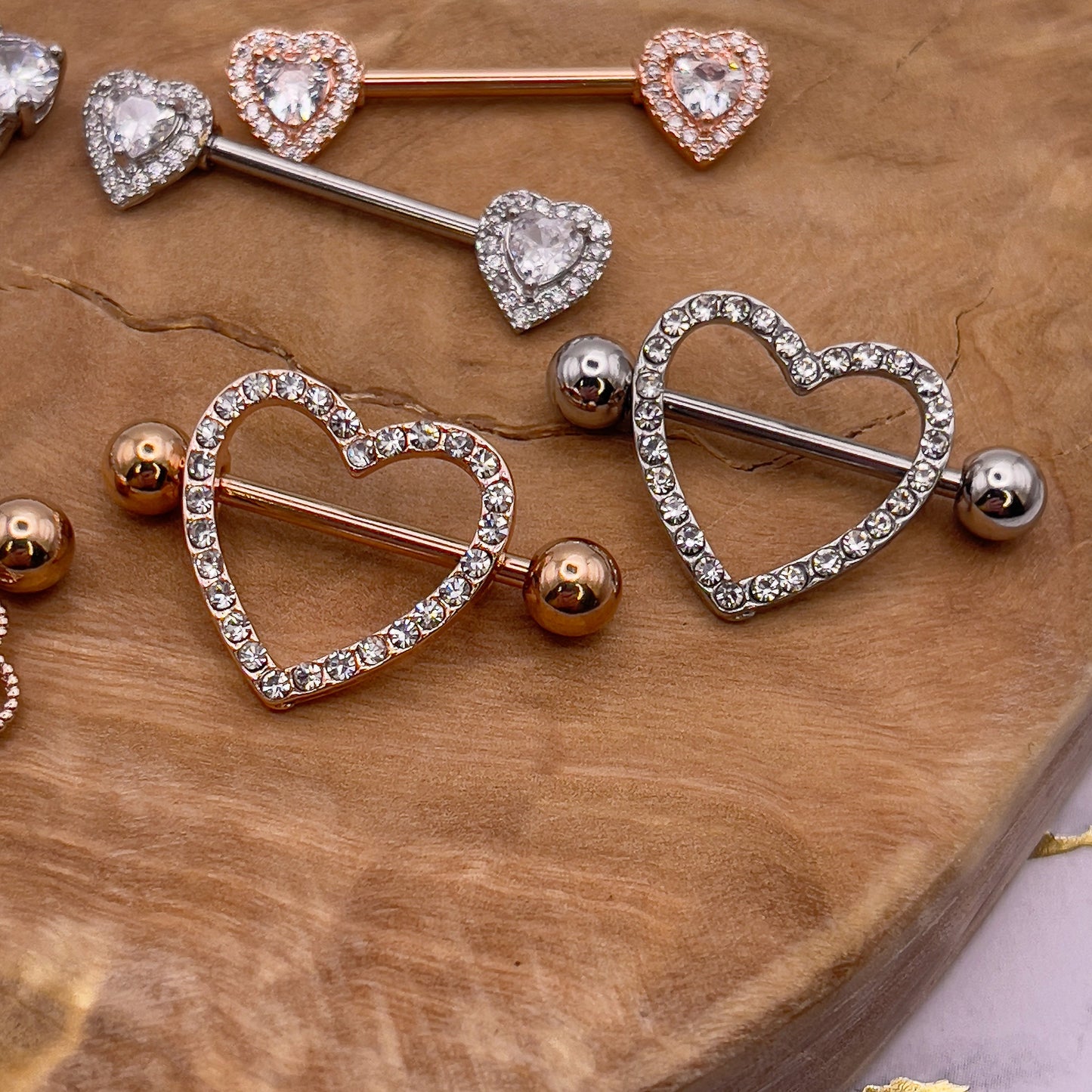 Stunning jewelled heart shaped nipple bars in rose gold and silver 316L steel Heart Nipple Jewelry Nipple Piercing Heart Nipple Barbell