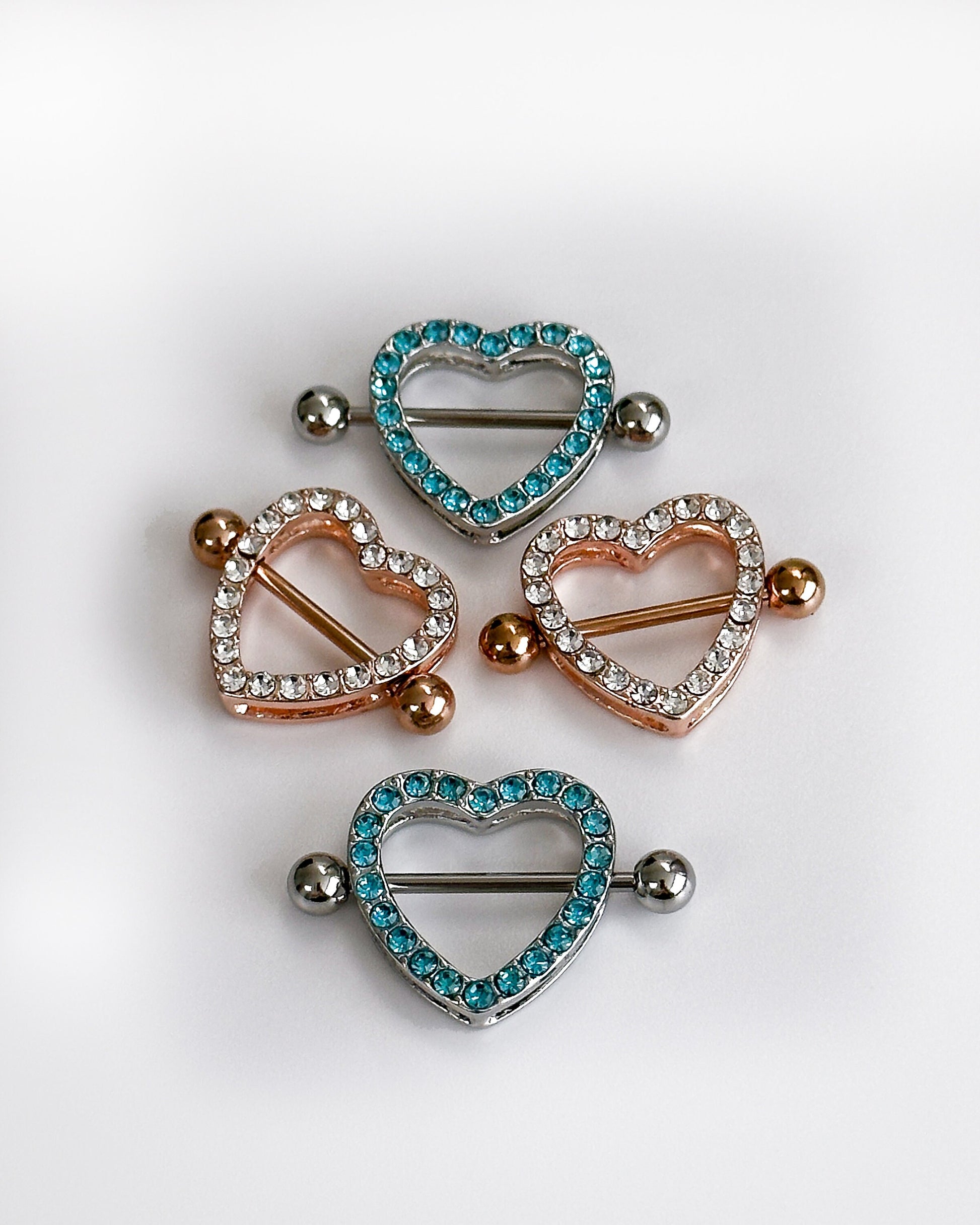 Stunning jewelled heart shaped nipple bars in rose gold and blue 316L steel Heart Nipple Jewelry Nipple Piercing Heart Nipple Barbell