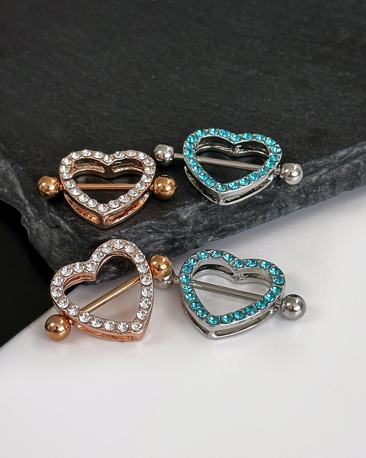 Stunning jewelled heart shaped nipple bars in rose gold and blue 316L steel Heart Nipple Jewelry Nipple Piercing Heart Nipple Barbell