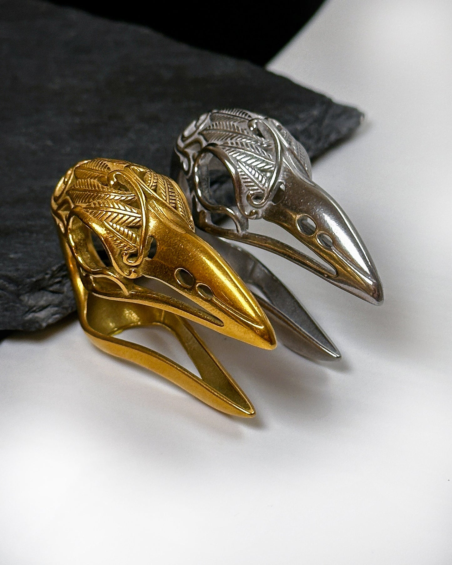 Bird skull ear hangers - ear weights, ornate gauge hangers black, rose, gold and silver