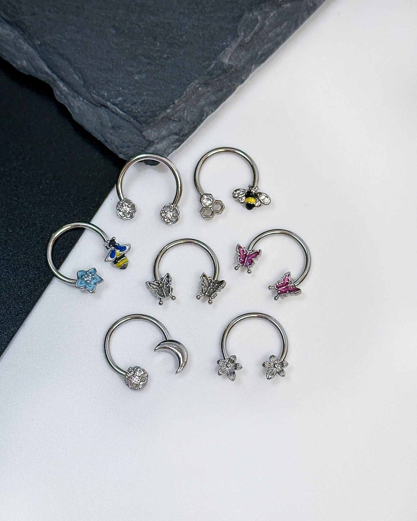 Super Cute Horseshoe Hoops, for septum, ear and nose piercings. Honey Bee, Astrology, Butterflies and Stars