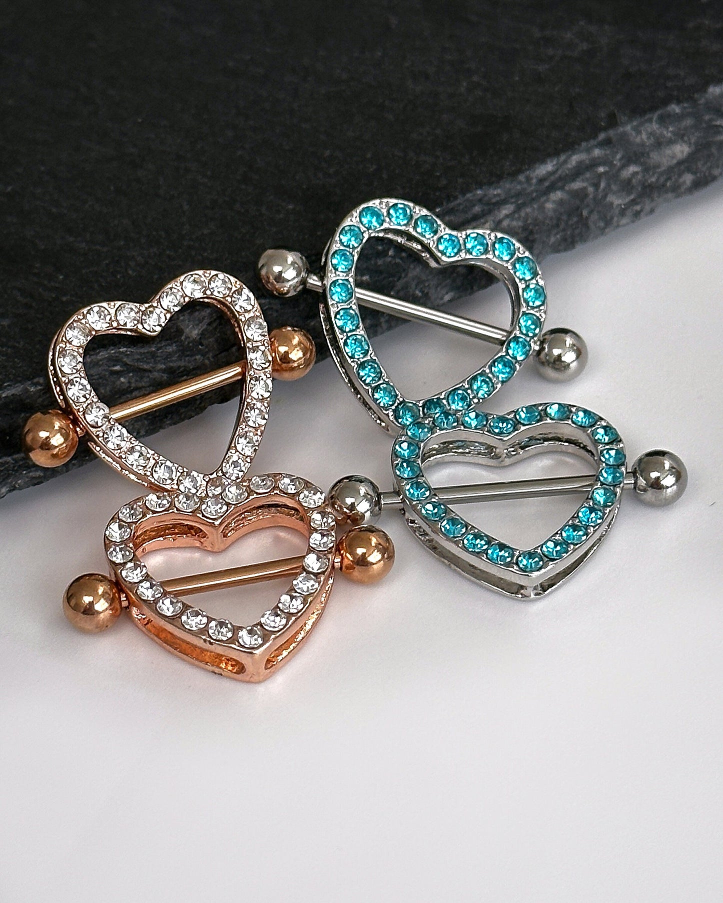 Stunning jewelled heart shaped nipple bars in rose gold and blue 316L steel Heart Nipple Jewelry Nipple Piercing Heart Nipple Barbell