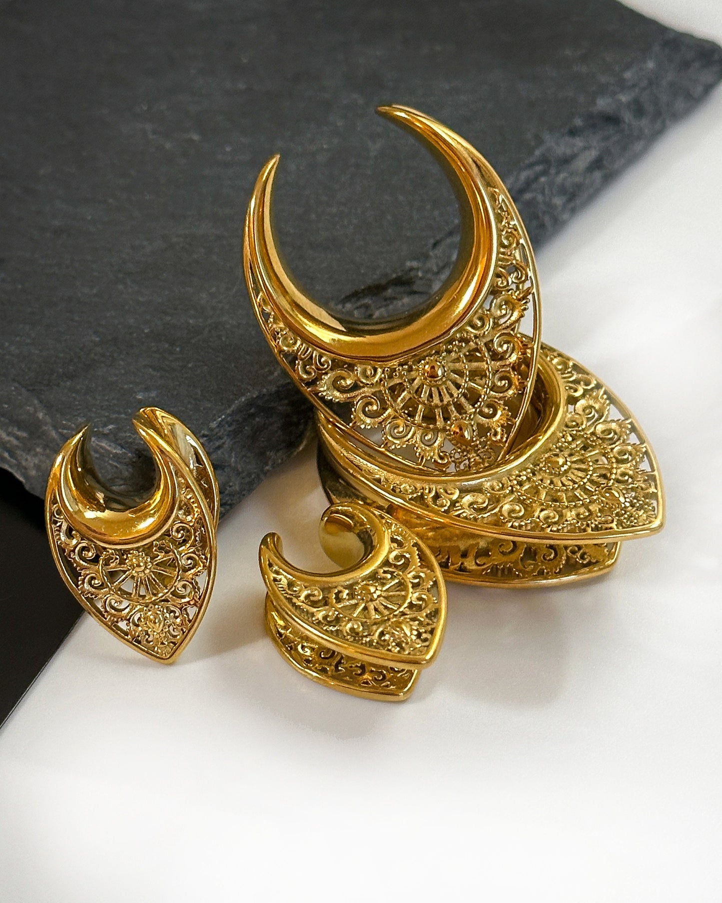 Pair of Ornate V Shaped Ear Tunnels, Mandala style saddle ear plugs in Gold, Silver, Black and Rose. Ear Saddle Hangers For Stretched Ears