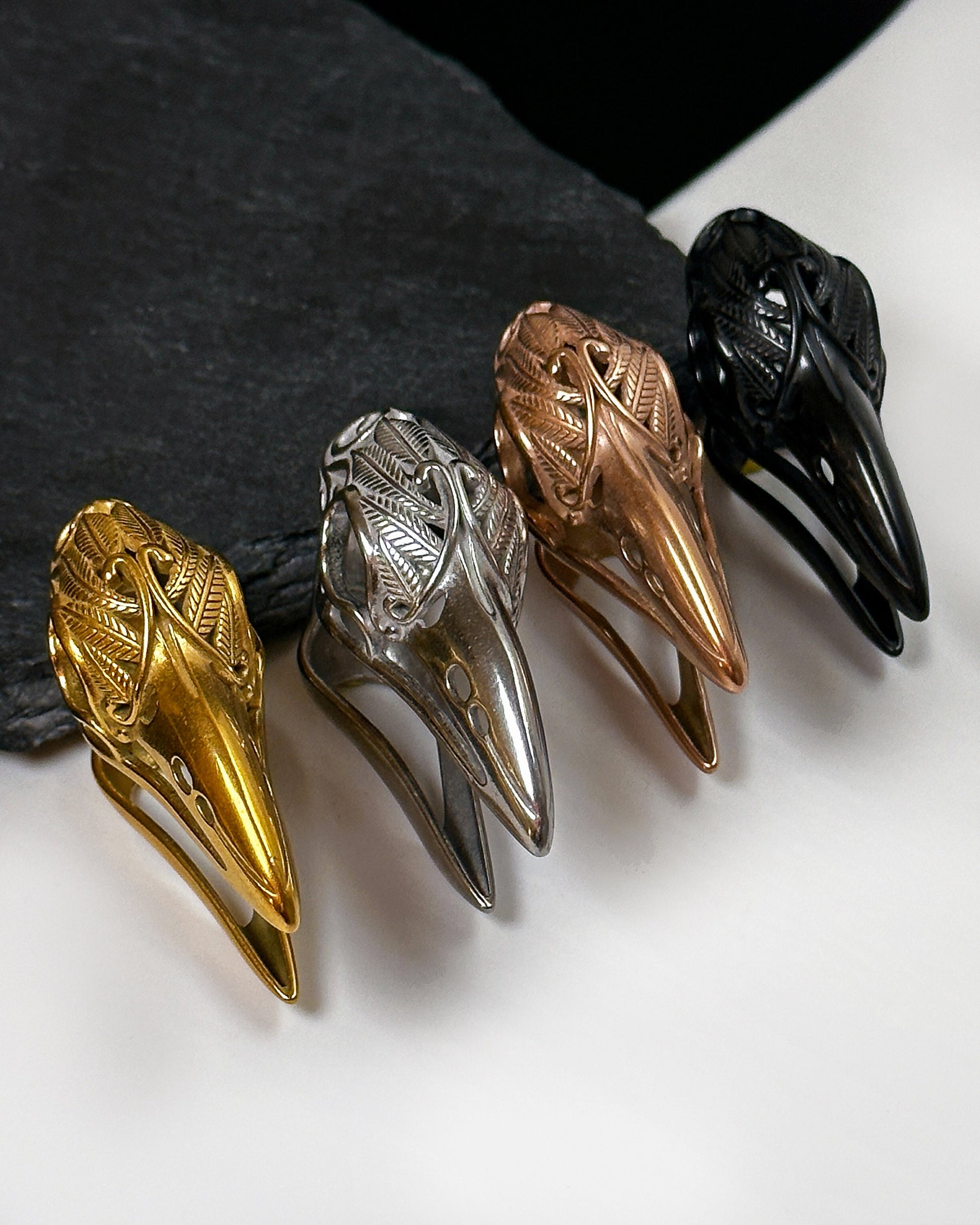 Bird skull ear hangers - ear weights, ornate gauge hangers black, rose, gold and silver