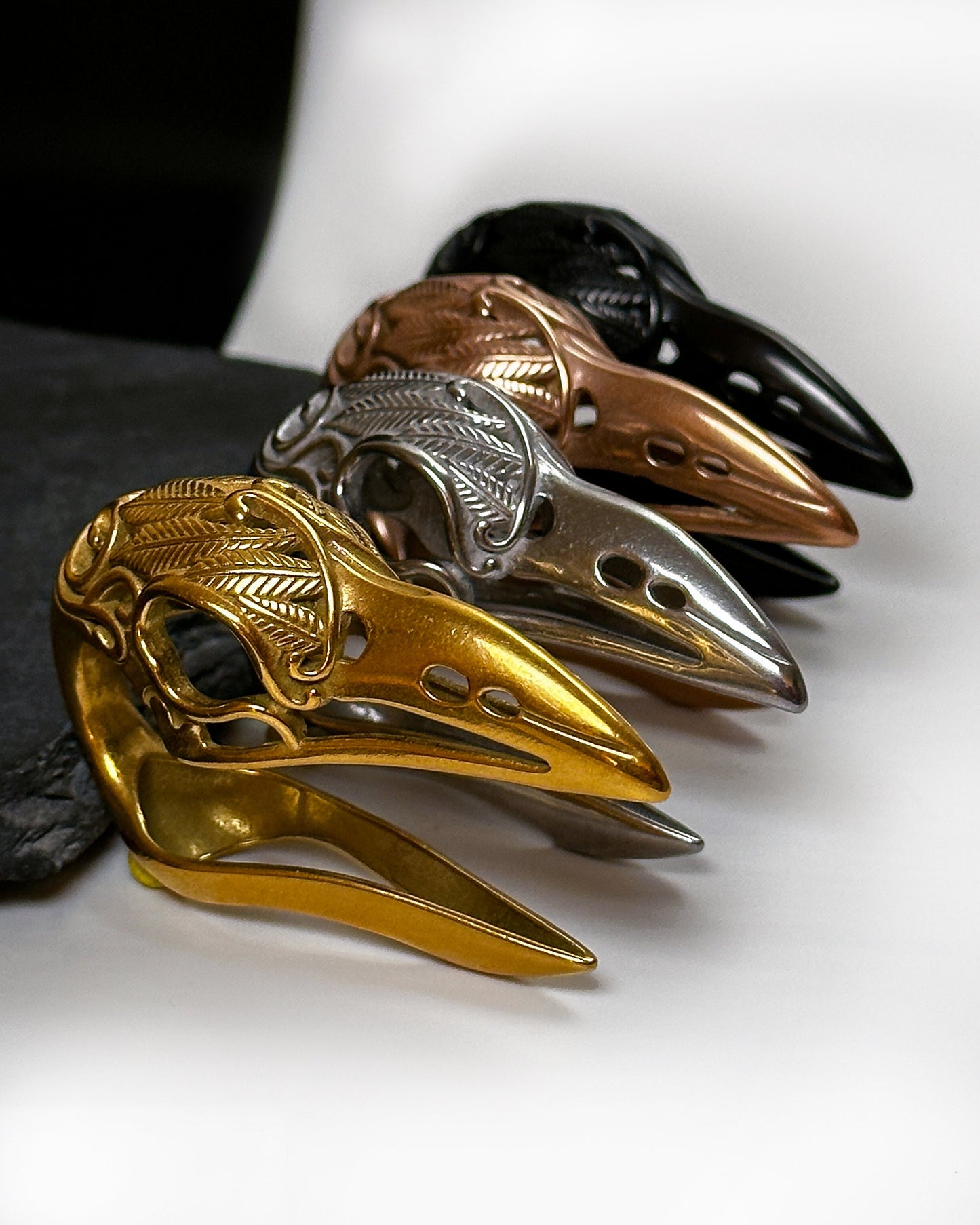 Bird skull ear hangers - ear weights, ornate gauge hangers black, rose, gold and silver