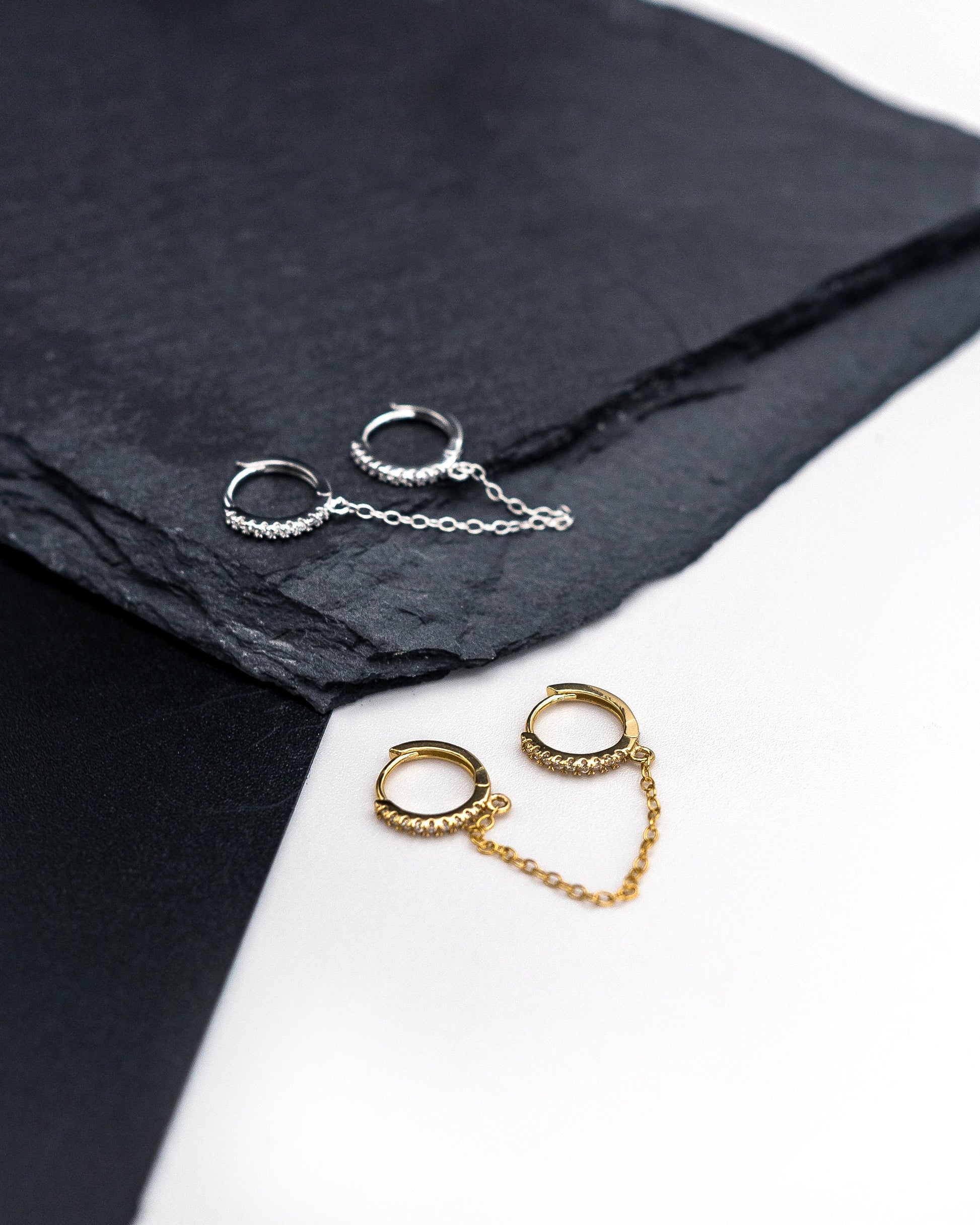 925 Sterling Silver Uniquely Designed - Double Chain Hoops - Enhanced with 14K Gold Plating - Ear Curation - Dainty earring