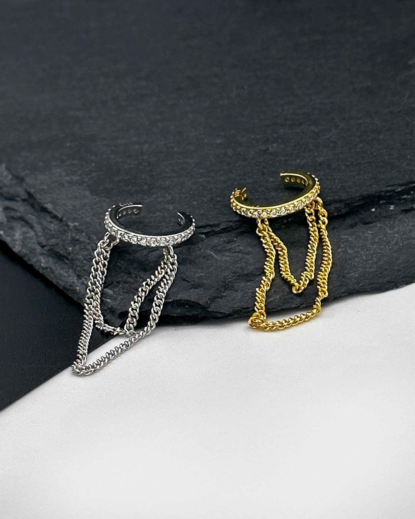 Jewelled Ear Cuff With Chain, 925 Sterling Silver Ear Cuff, No piercing wrap around cuff 18K Gold Plated, Minimal chain, Cubic Zirconia