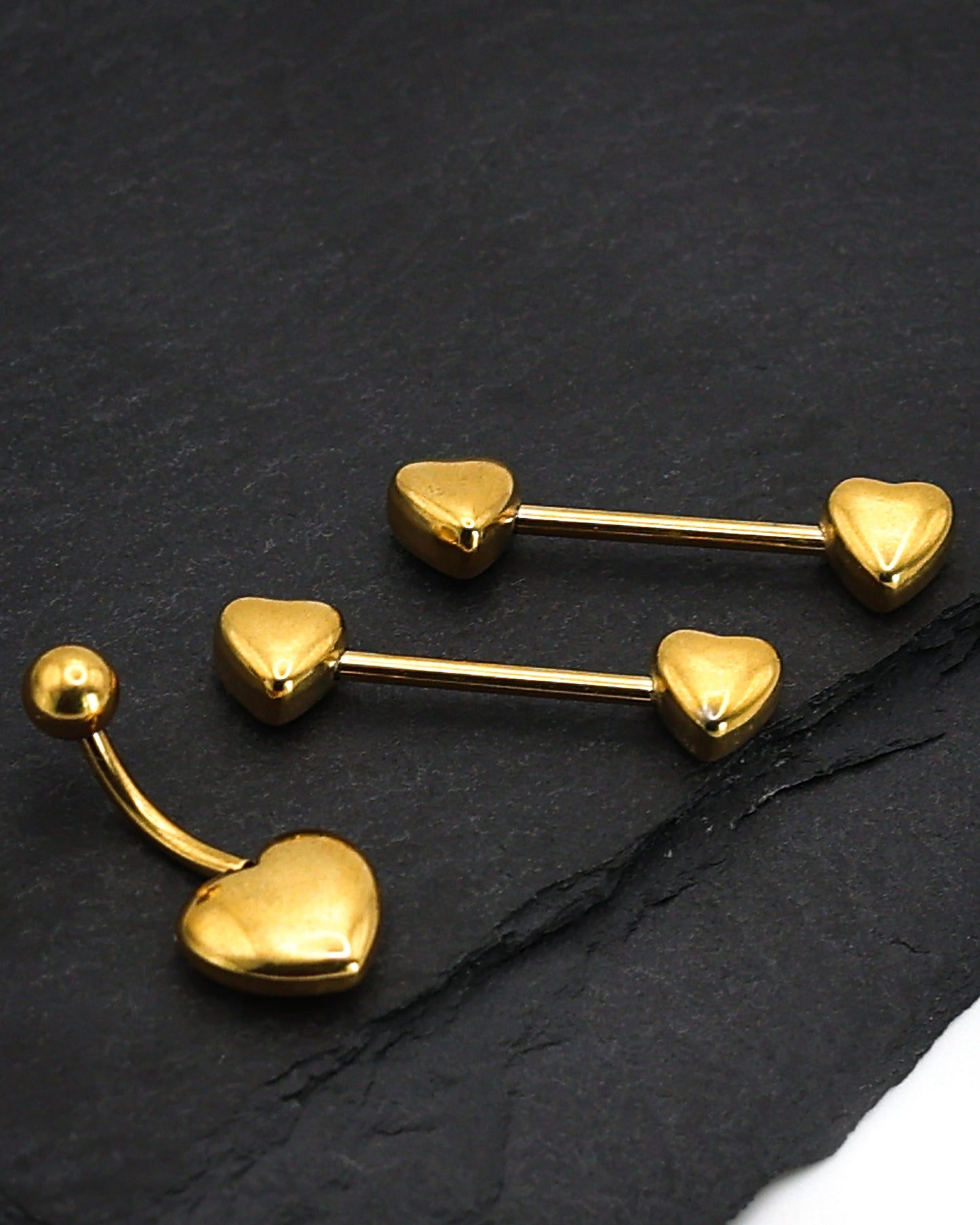 Pair of Heart Shaped Nipple Bars made with Surgical Steel, and Plated with Solid 14K Gold. Nipple Jewelry, Nipple Barbell, Nipple Bars.