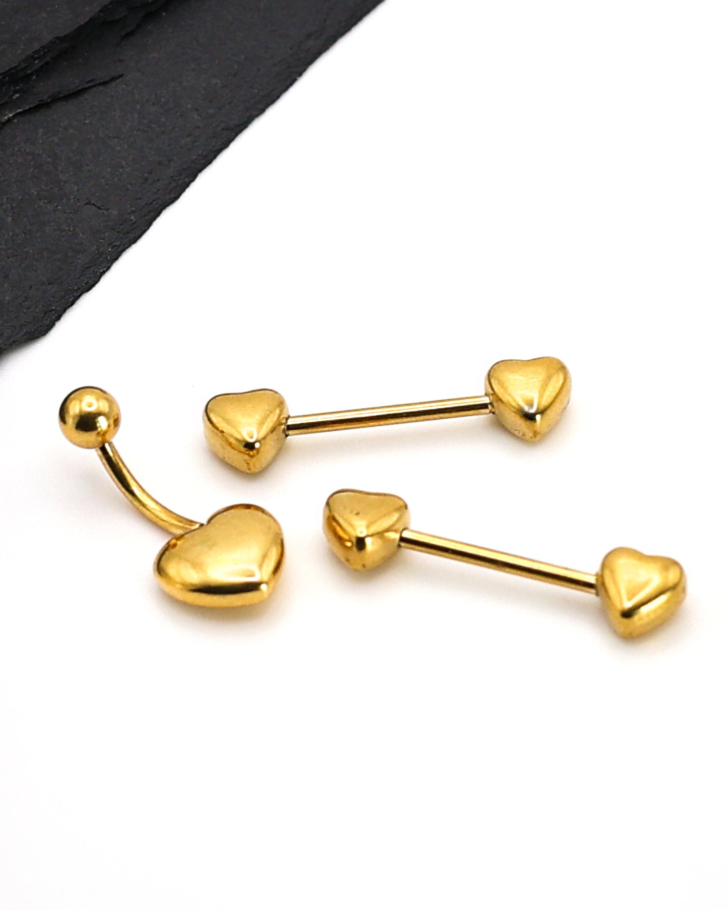 Pair of Heart Shaped Nipple Bars made with Surgical Steel, and Plated with Solid 14K Gold. Nipple Jewelry, Nipple Barbell, Nipple Bars.