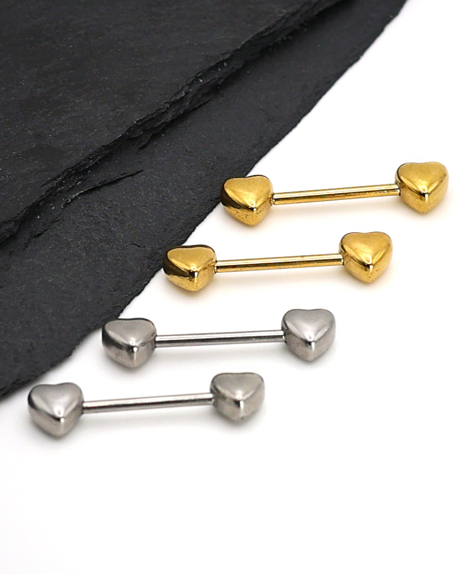 Pair of Heart Shaped Nipple Bars made with Surgical Steel, and Plated with Solid 14K Gold. Nipple Jewelry, Nipple Barbell, Nipple Bars.