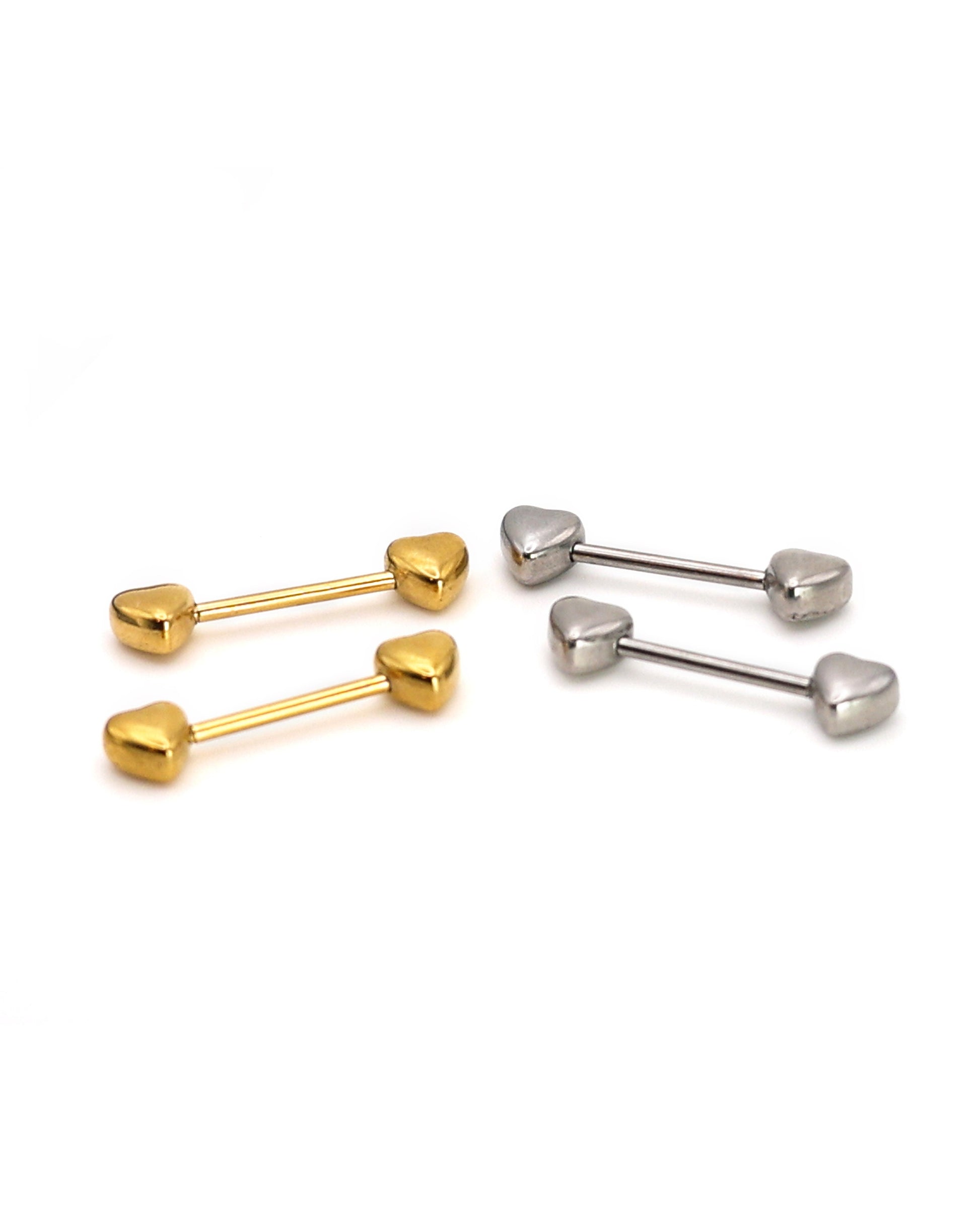 Pair of Heart Shaped Nipple Bars made with Surgical Steel, and Plated with Solid 14K Gold. Nipple Jewelry, Nipple Barbell, Nipple Bars.