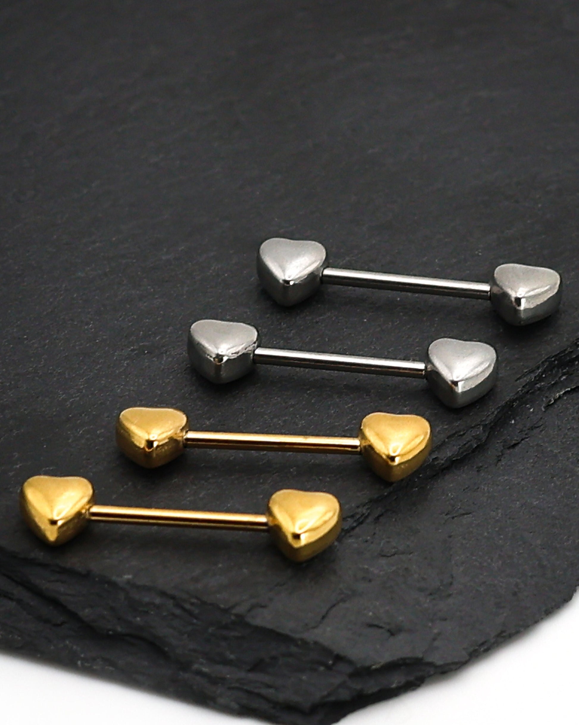 Pair of Heart Shaped Nipple Bars made with Surgical Steel, and Plated with Solid 14K Gold. Nipple Jewelry, Nipple Barbell, Nipple Bars.