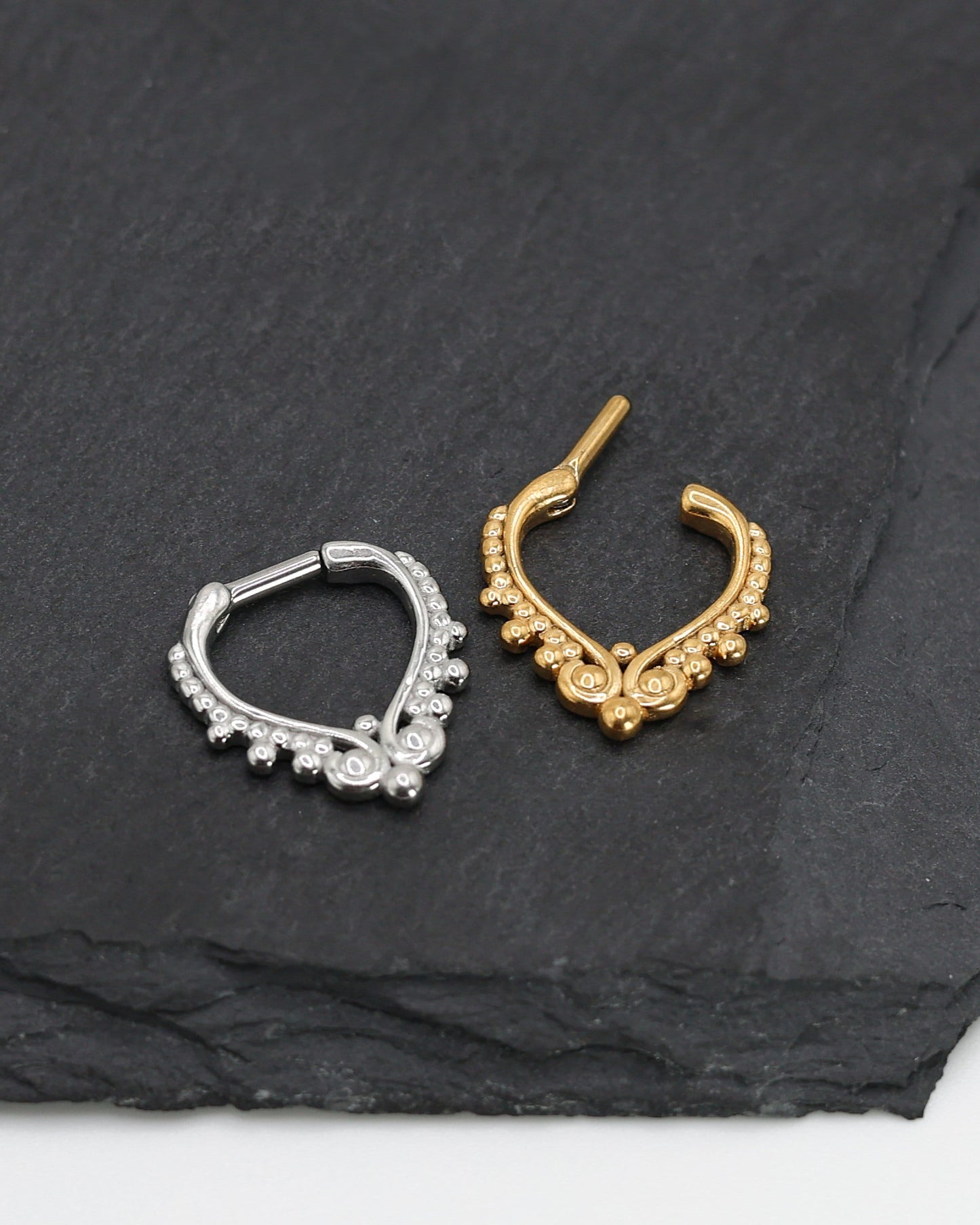 14 Gauge Septum Clicker, Unique Septum Jewelry, Silver and Gold Options, Goth Dangle Septum Ring