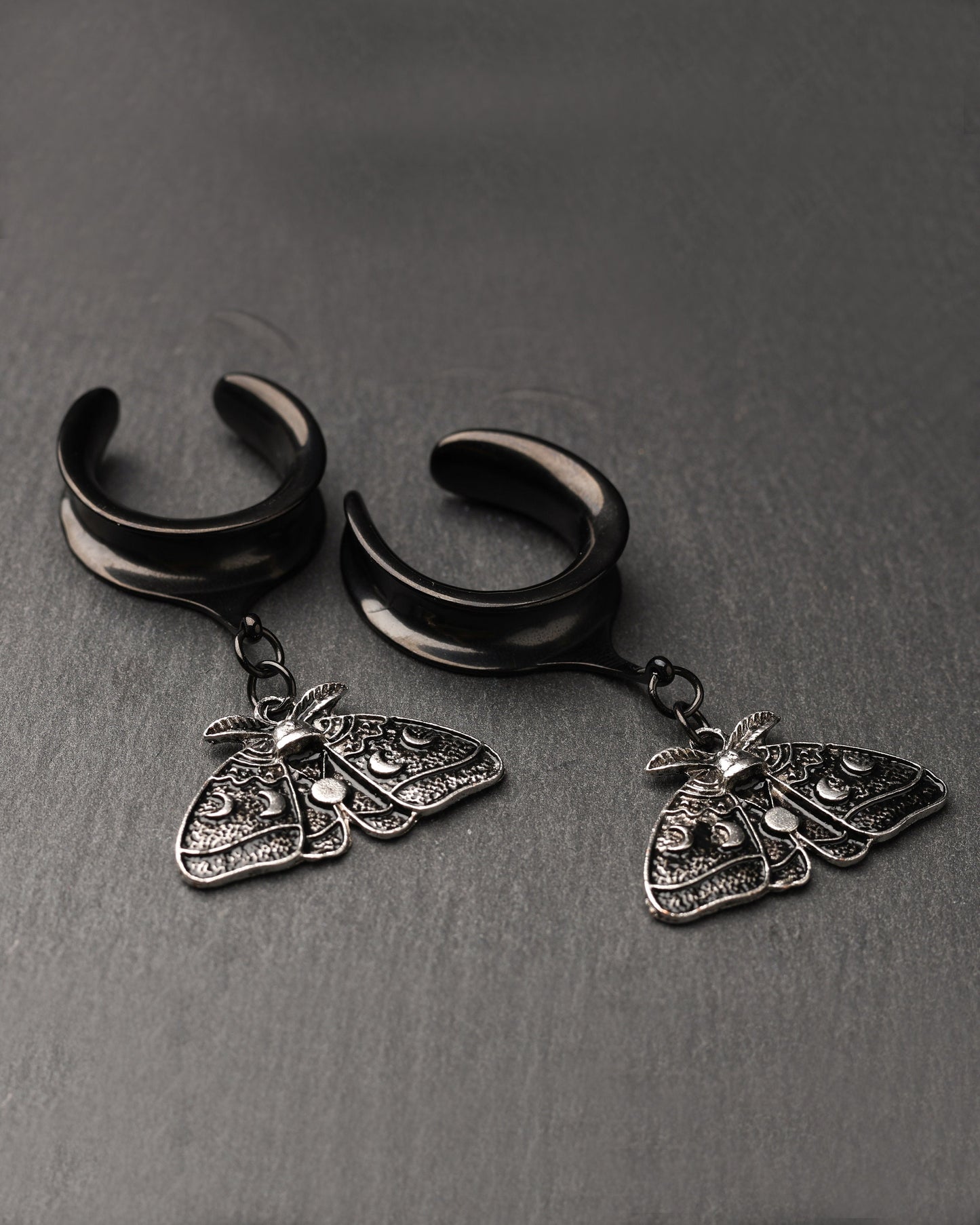 Luna Moth Saddle Hangers, Lunar Ear Gauges, Ear Tunnels, Dangle Plugs, Plugs and Tunnels, Black Moth, Moon Cycles