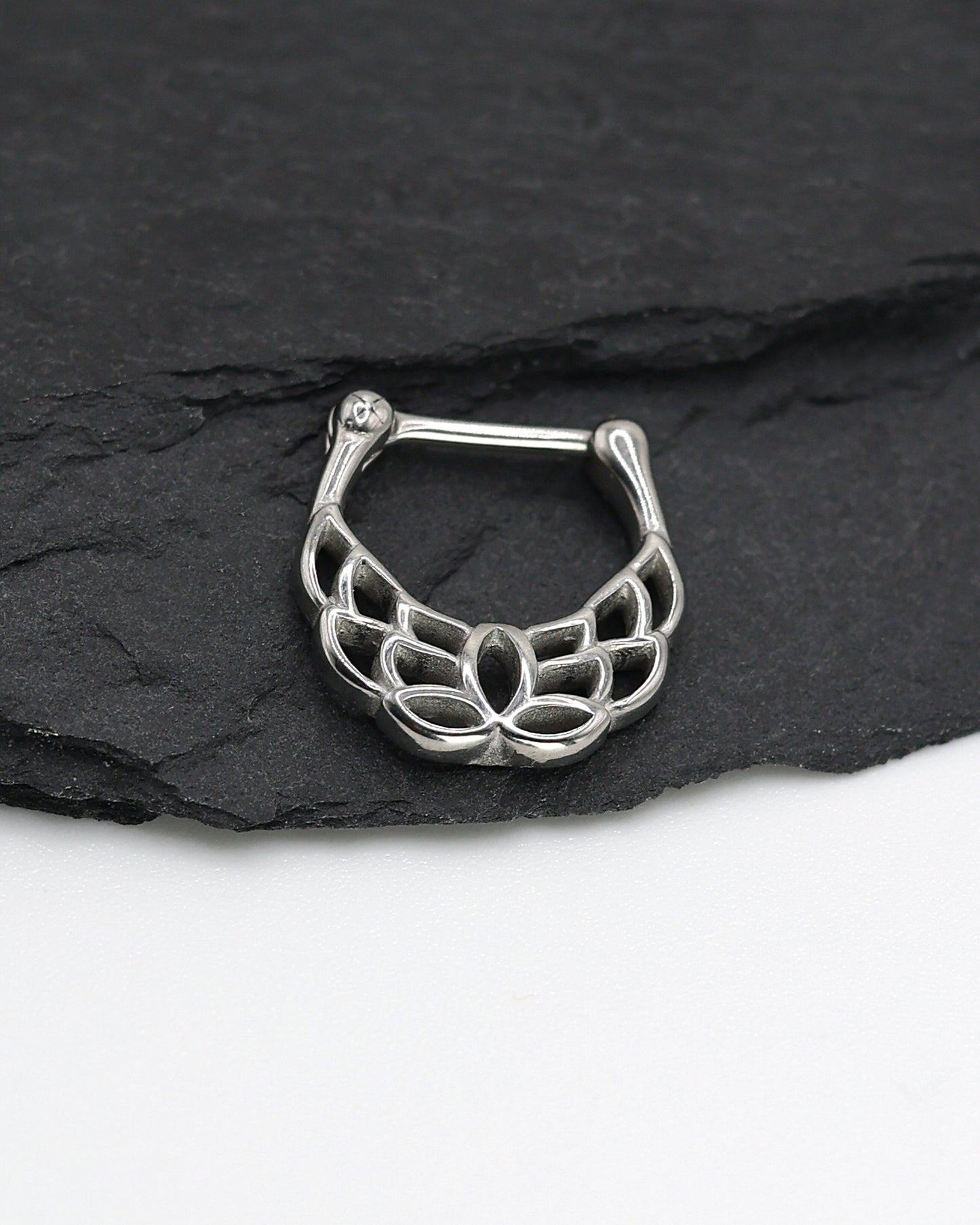 14 Gauge Silver Clicker with Ornate Pattern, Lotus Pattern, Unique Septum Ring, 1.6mm Clicker, Silver Septum Jewelry