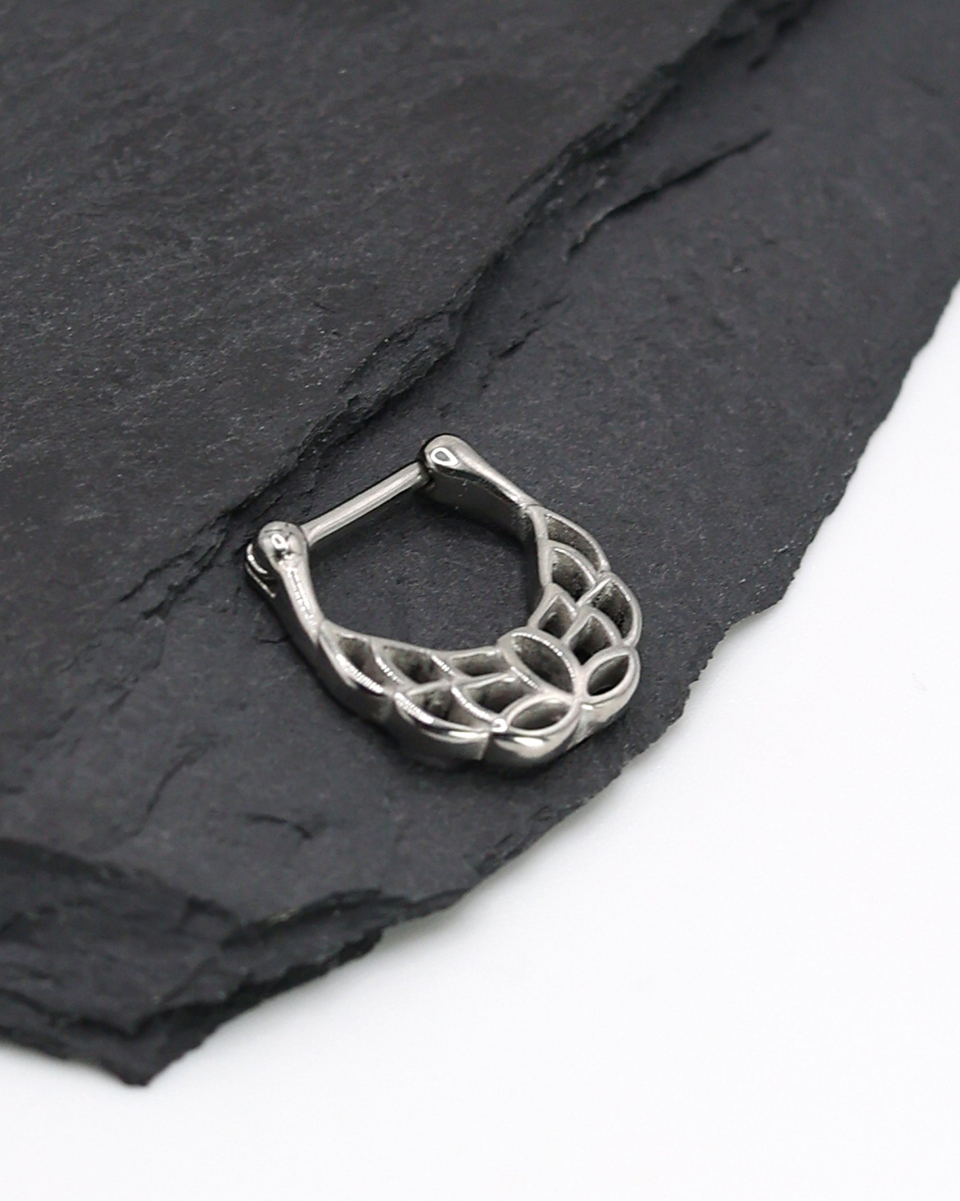 14 Gauge Silver Clicker with Ornate Pattern, Lotus Pattern, Unique Septum Ring, 1.6mm Clicker, Silver Septum Jewelry