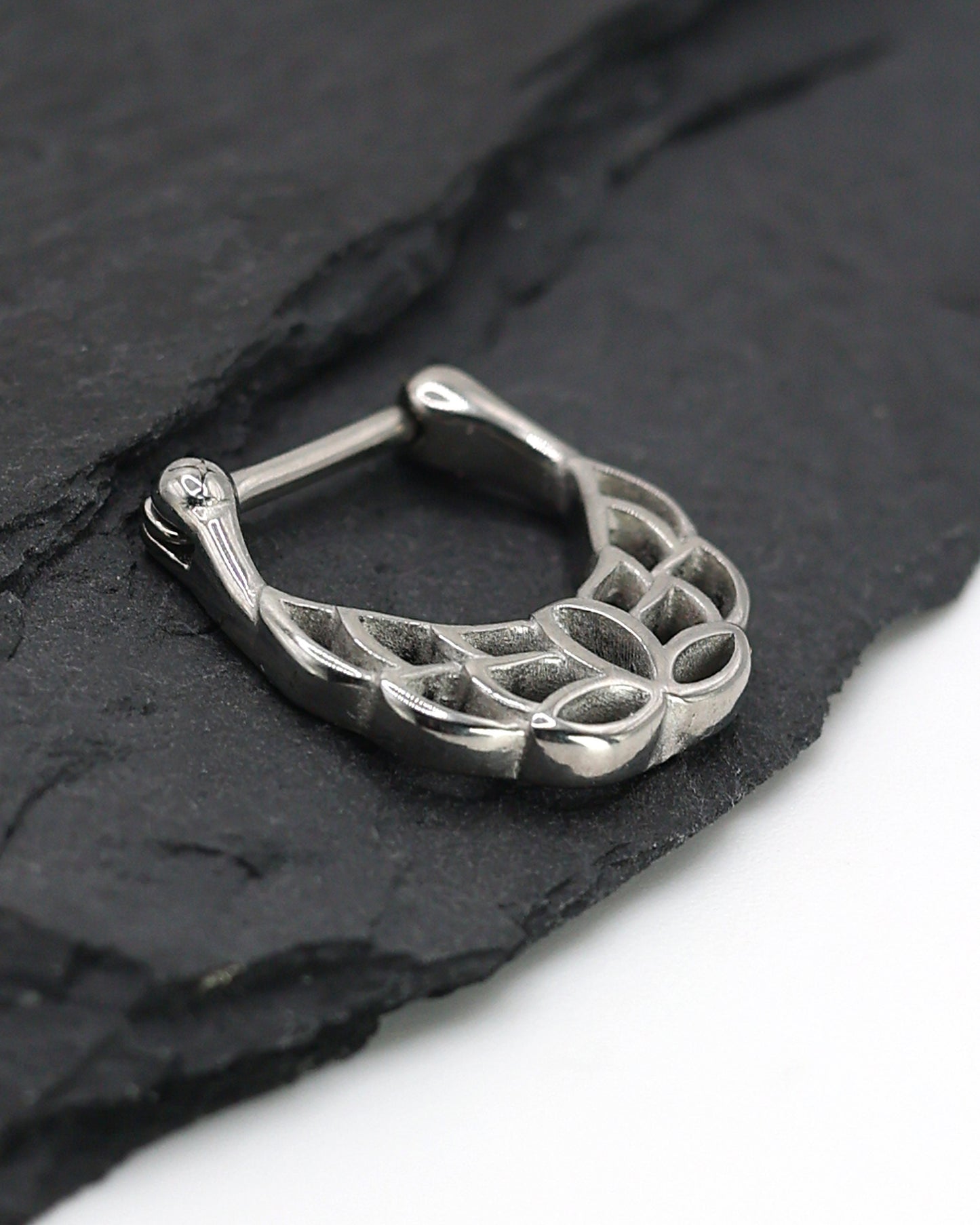 14 Gauge Silver Clicker with Ornate Pattern, Lotus Pattern, Unique Septum Ring, 1.6mm Clicker, Silver Septum Jewelry