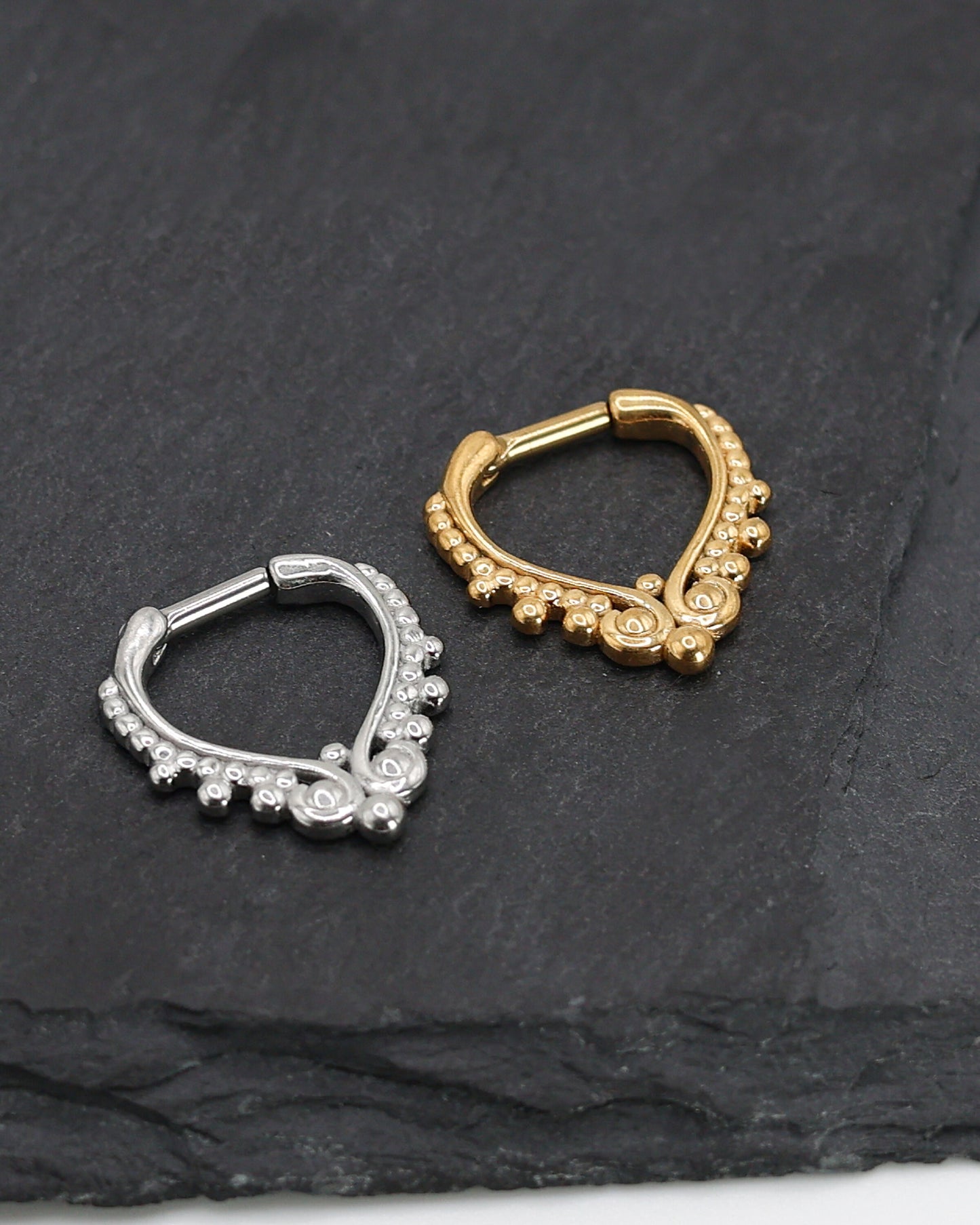 14 Gauge Septum Clicker, Unique Septum Jewelry, Silver and Gold Options, Goth Dangle Septum Ring