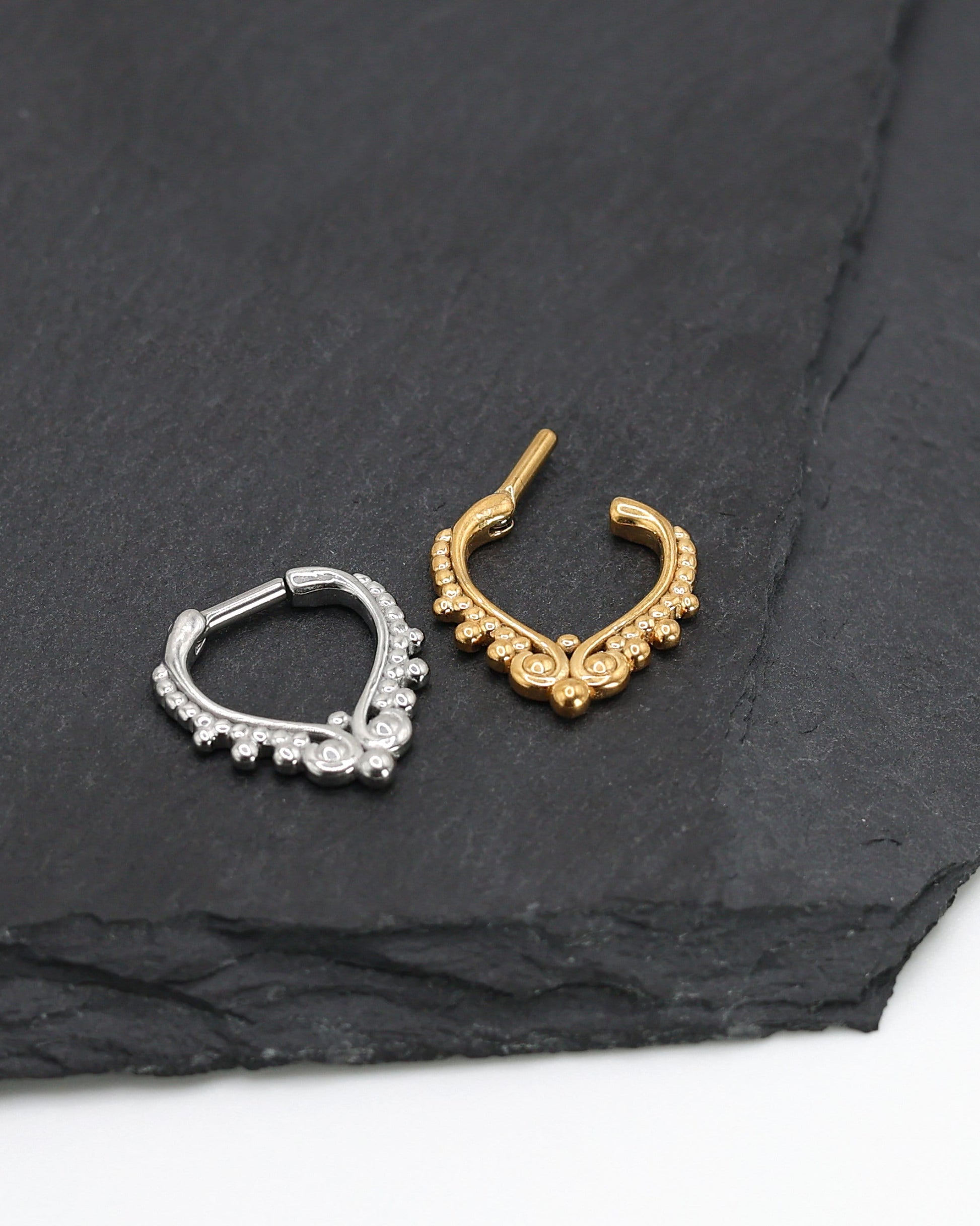 14 Gauge Septum Clicker, Unique Septum Jewelry, Silver and Gold Options, Goth Dangle Septum Ring