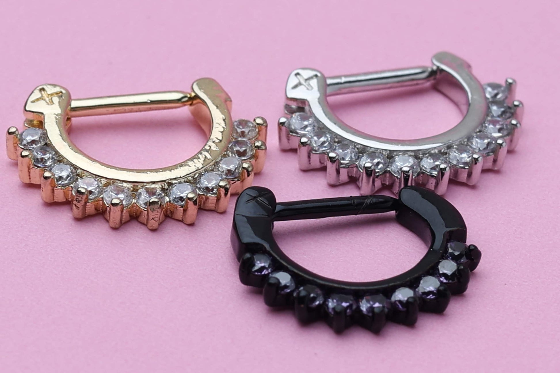 Ornate Jewelled Septum Ring, C-shaped Septum Clicker 16 Gauge 1.2mm hinged Segment clicker, Nose Piercing