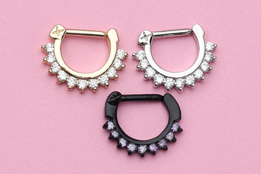 Ornate Jewelled Septum Ring, C-shaped Septum Clicker 16 Gauge 1.2mm hinged Segment clicker, Nose Piercing