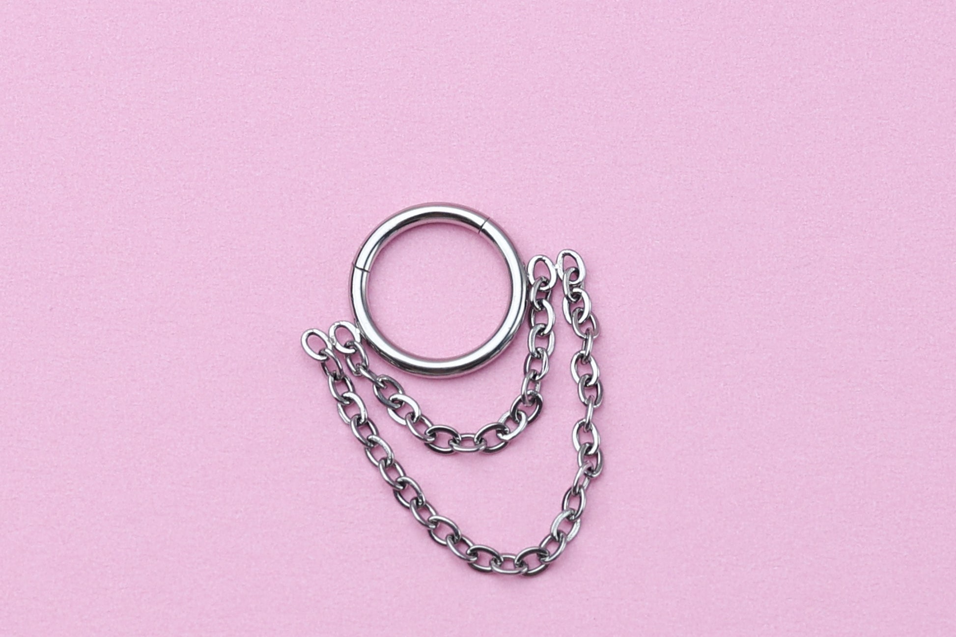 Double Chain Septum Ring, Nose Ring, Hinged Clicker Hoop, Huggies with Chain, Surgical Steel, Helix or Conch Hoop