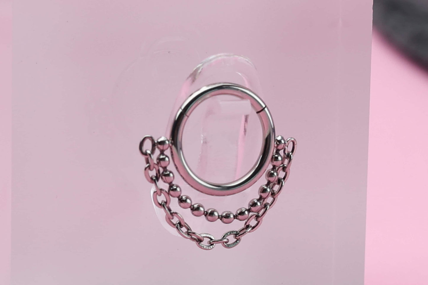 Double Chain Septum Ring, Nose Ring, Hinged Clicker Hoop, Huggies with Chain, Surgical Steel, Helix or Conch Hoop