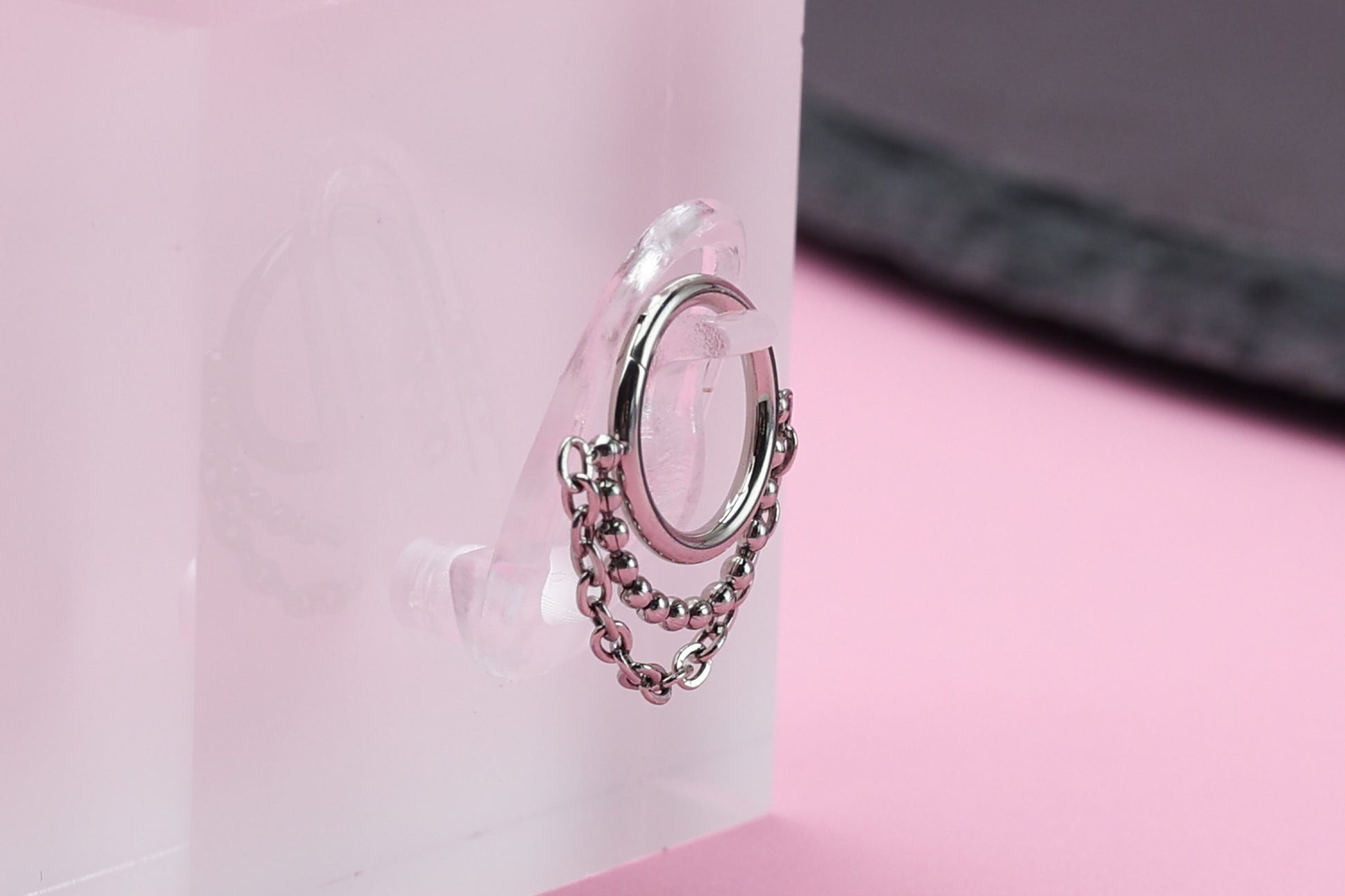 Double Chain Septum Ring, Nose Ring, Hinged Clicker Hoop, Huggies with Chain, Surgical Steel, Helix or Conch Hoop