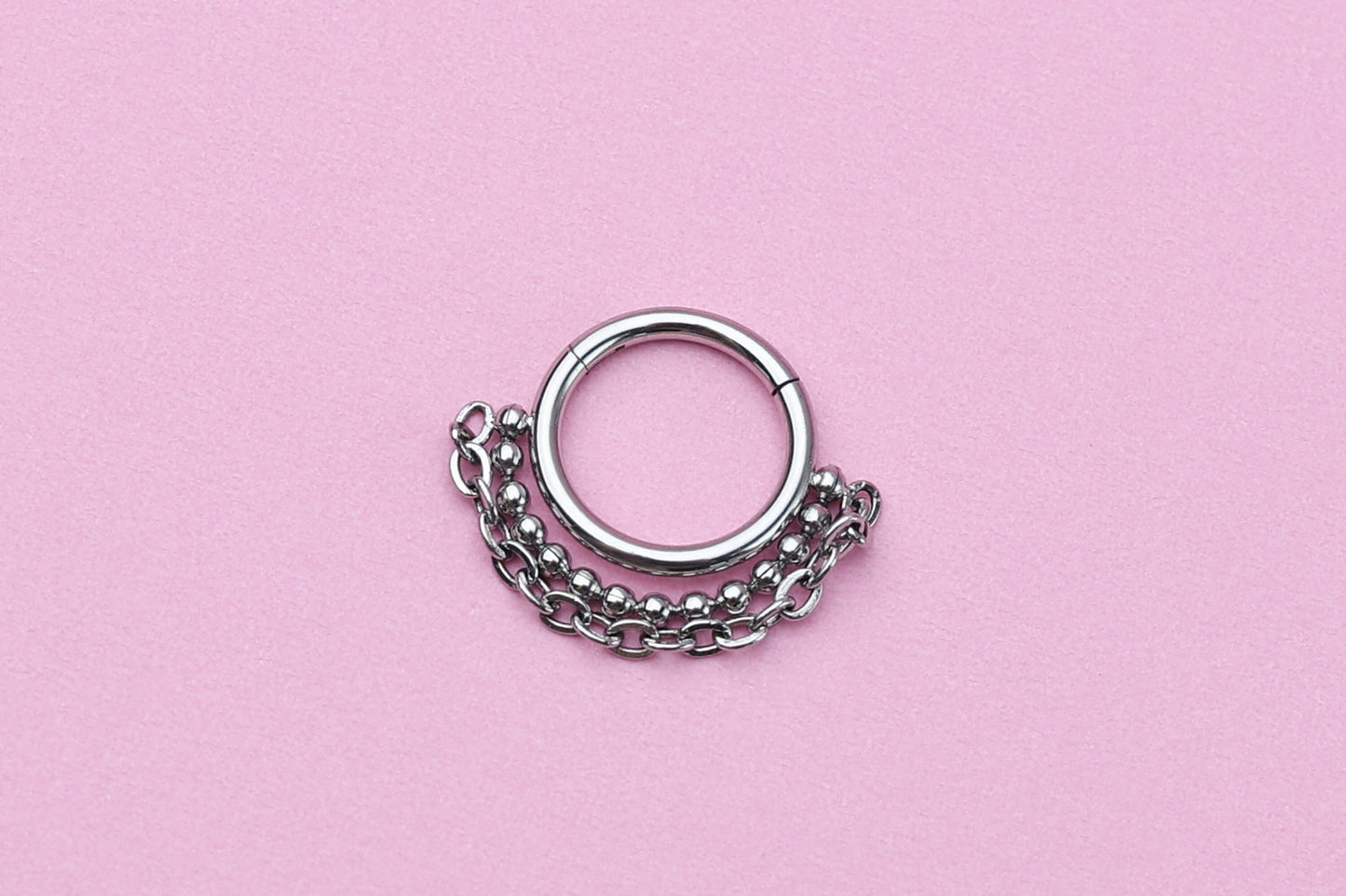 Double Chain Septum Ring, Nose Ring, Hinged Clicker Hoop, Huggies with Chain, Surgical Steel, Helix or Conch Hoop