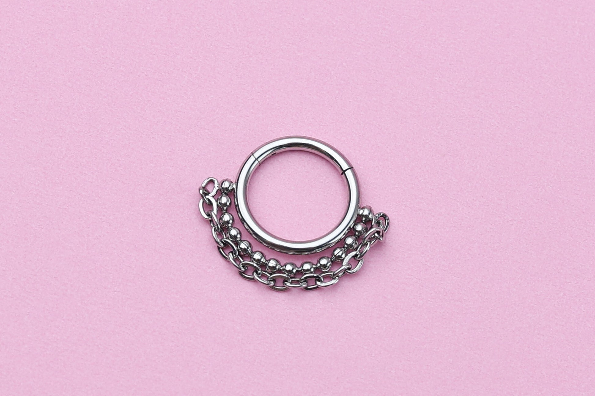 Double Chain Septum Ring, Nose Ring, Hinged Clicker Hoop, Huggies with Chain, Surgical Steel, Helix or Conch Hoop