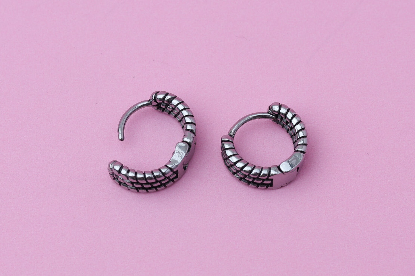 Huggie Hoop Earrings in Stainless Steel, Rope Hoop Earrings, Round Hoop Earrings, Chunky Hoop Earrings