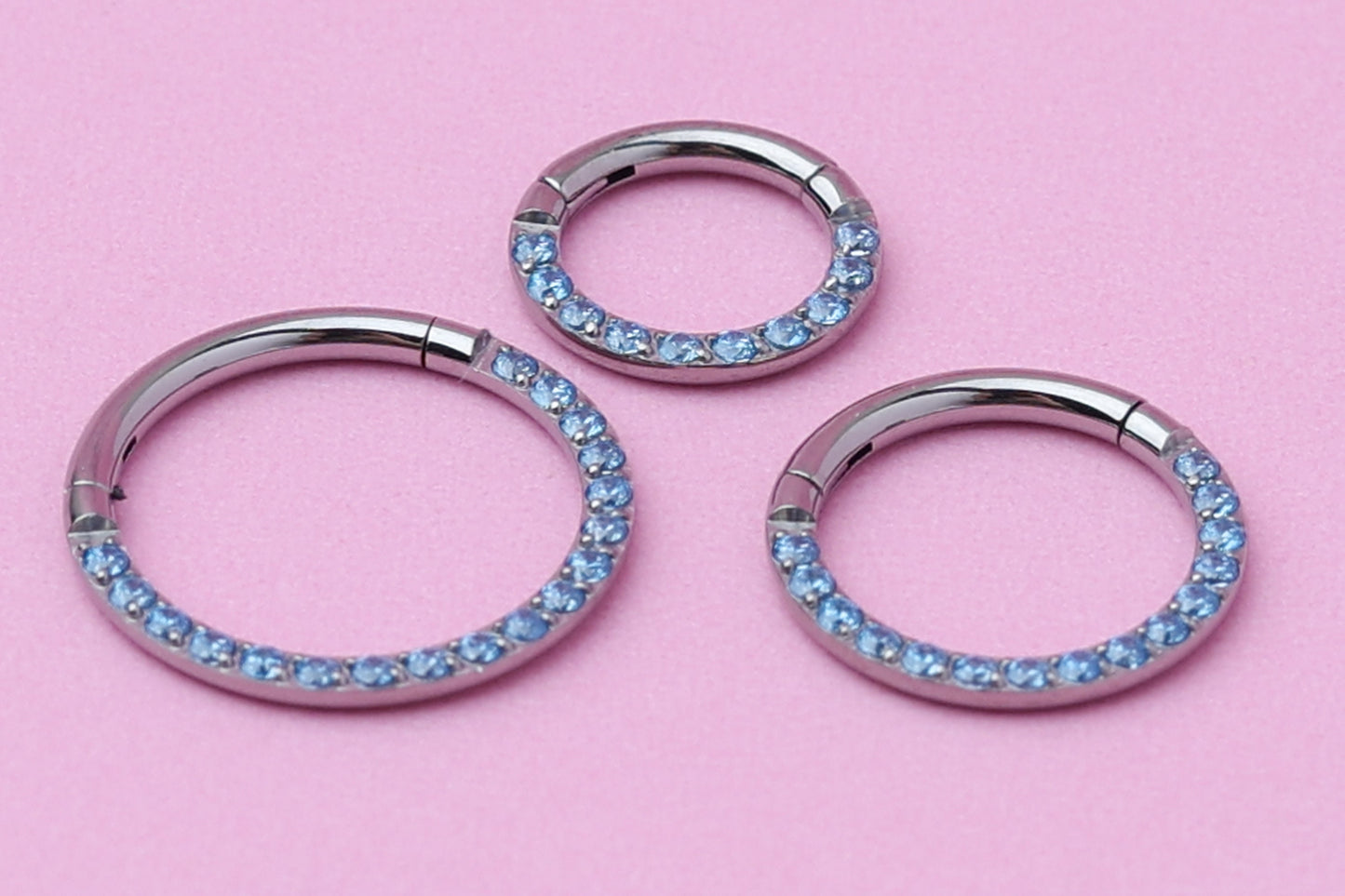 Titanium Jewelled Septum or Daith Ring with Blue Cubic Zirconia Gems - Hoop Clicker, 16G 1.2mm Hinged Segment Sleeper Earrings - ASTM F136