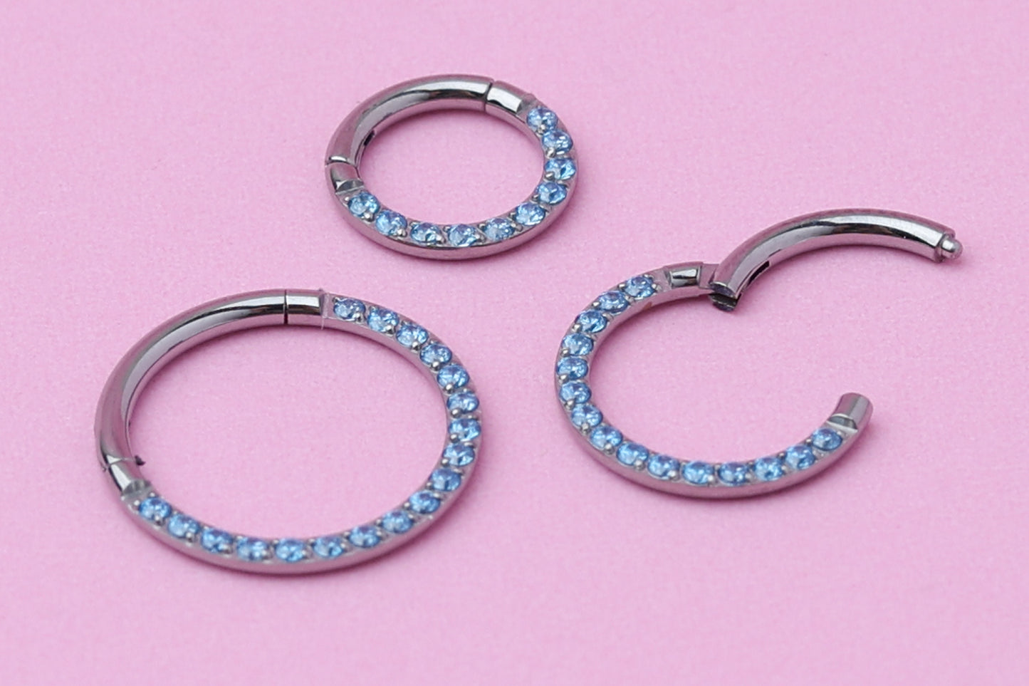 Titanium Jewelled Septum or Daith Ring with Blue Cubic Zirconia Gems - Hoop Clicker, 16G 1.2mm Hinged Segment Sleeper Earrings - ASTM F136