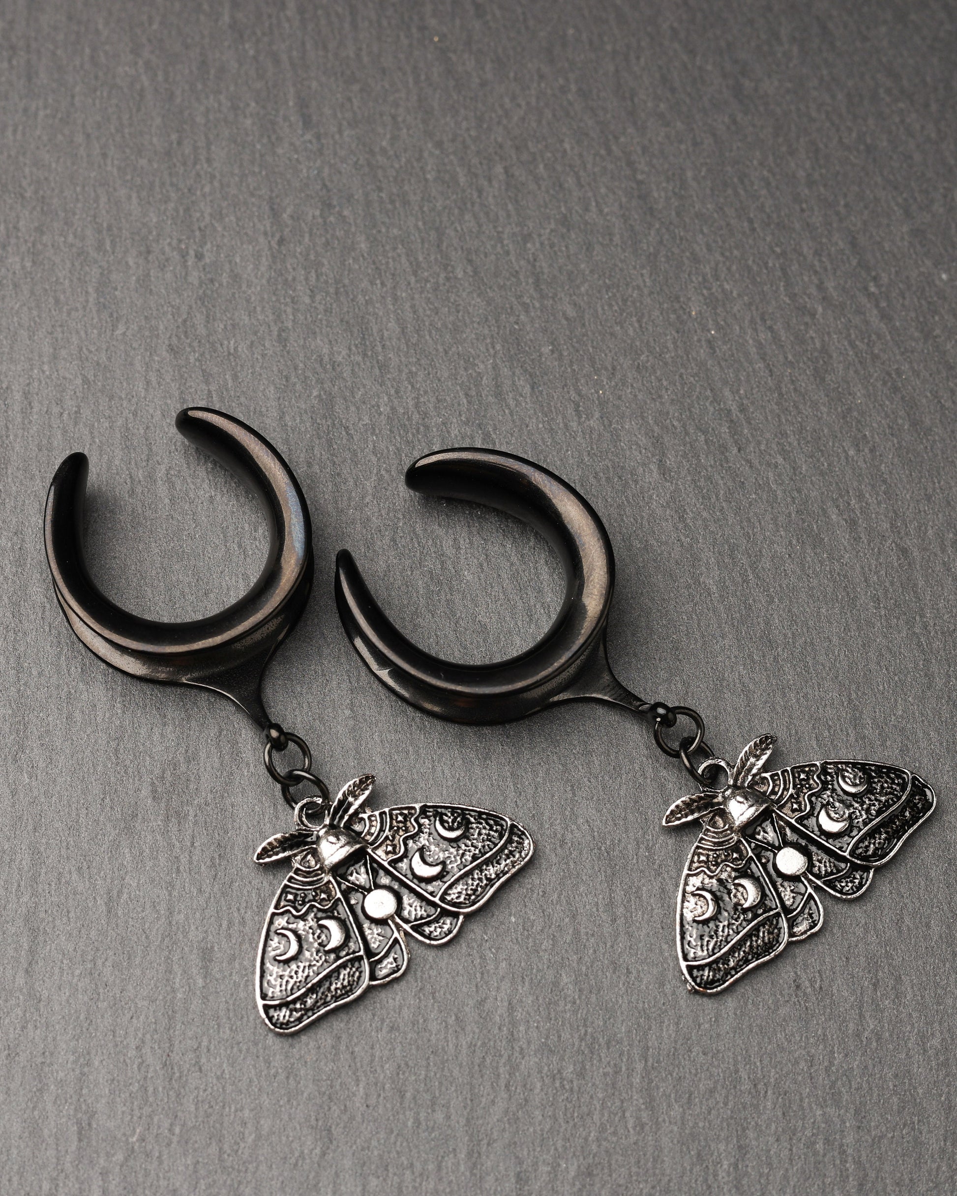 Luna Moth Saddle Hangers, Lunar Ear Gauges, Ear Tunnels, Dangle Plugs, Plugs and Tunnels, Black Moth, Moon Cycles