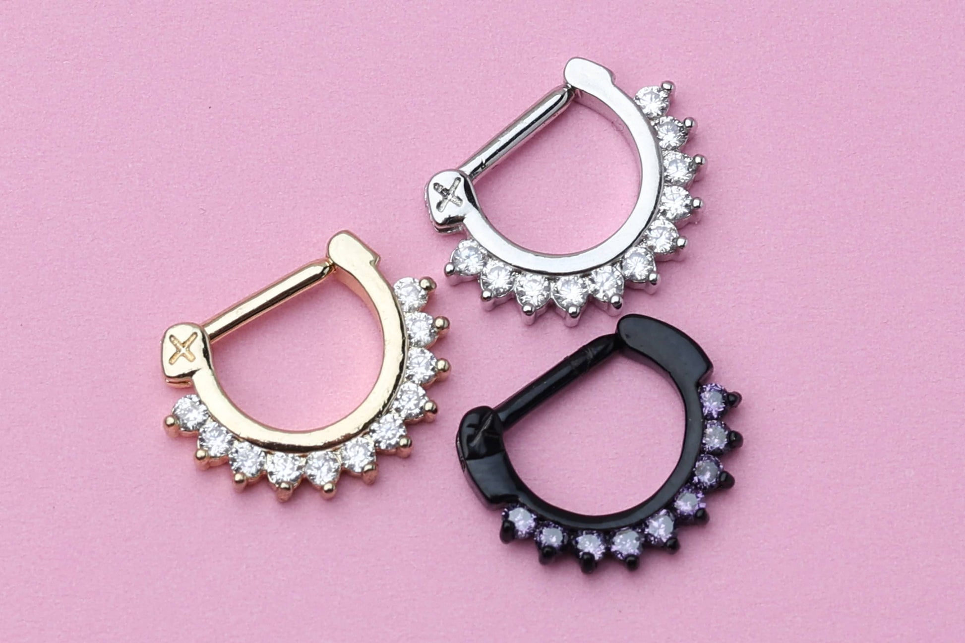 Ornate Jewelled Septum Ring, C-shaped Septum Clicker 16 Gauge 1.2mm hinged Segment clicker, Nose Piercing